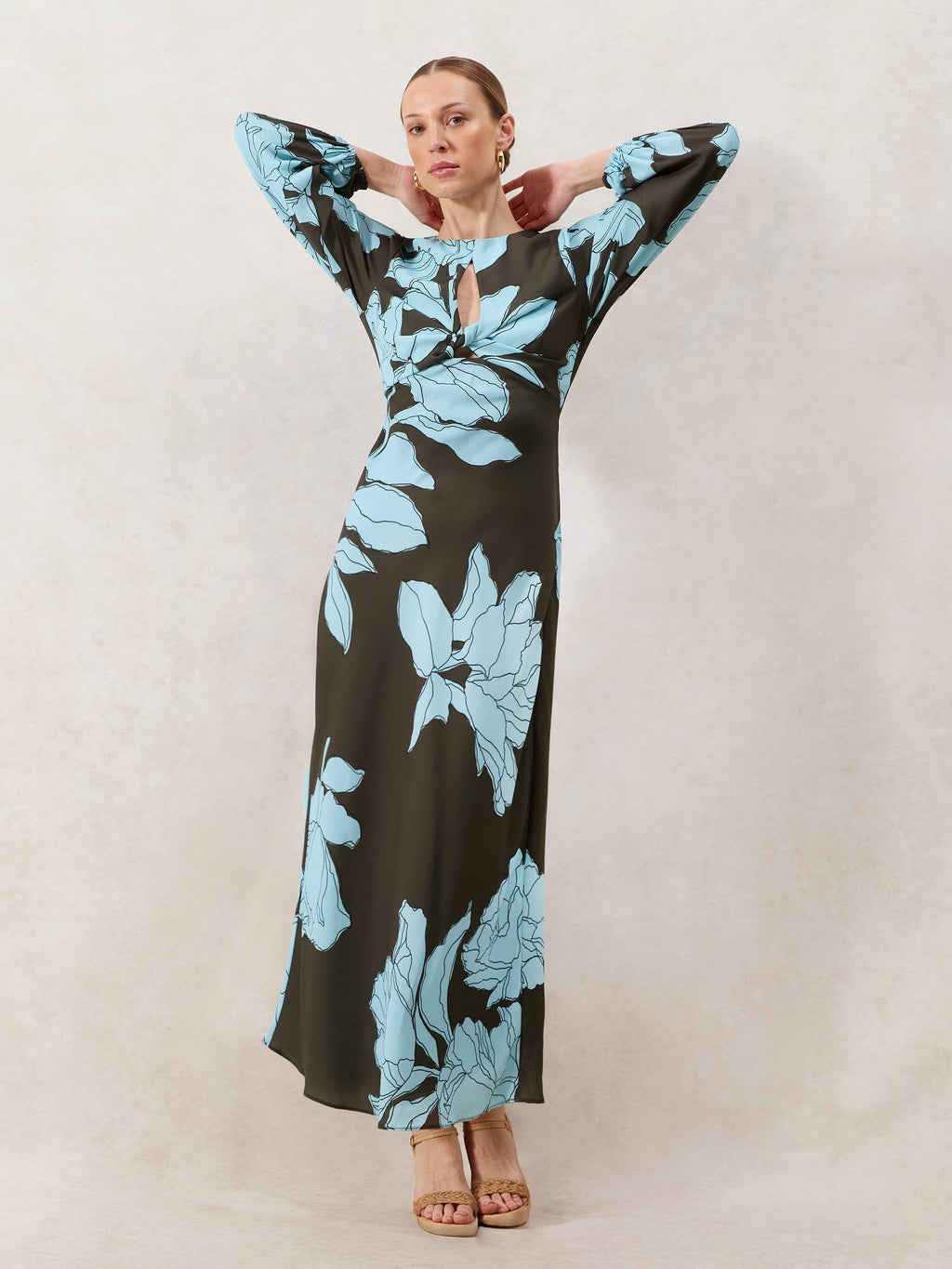 Mae Blue Floral Twist Front Midi Dress