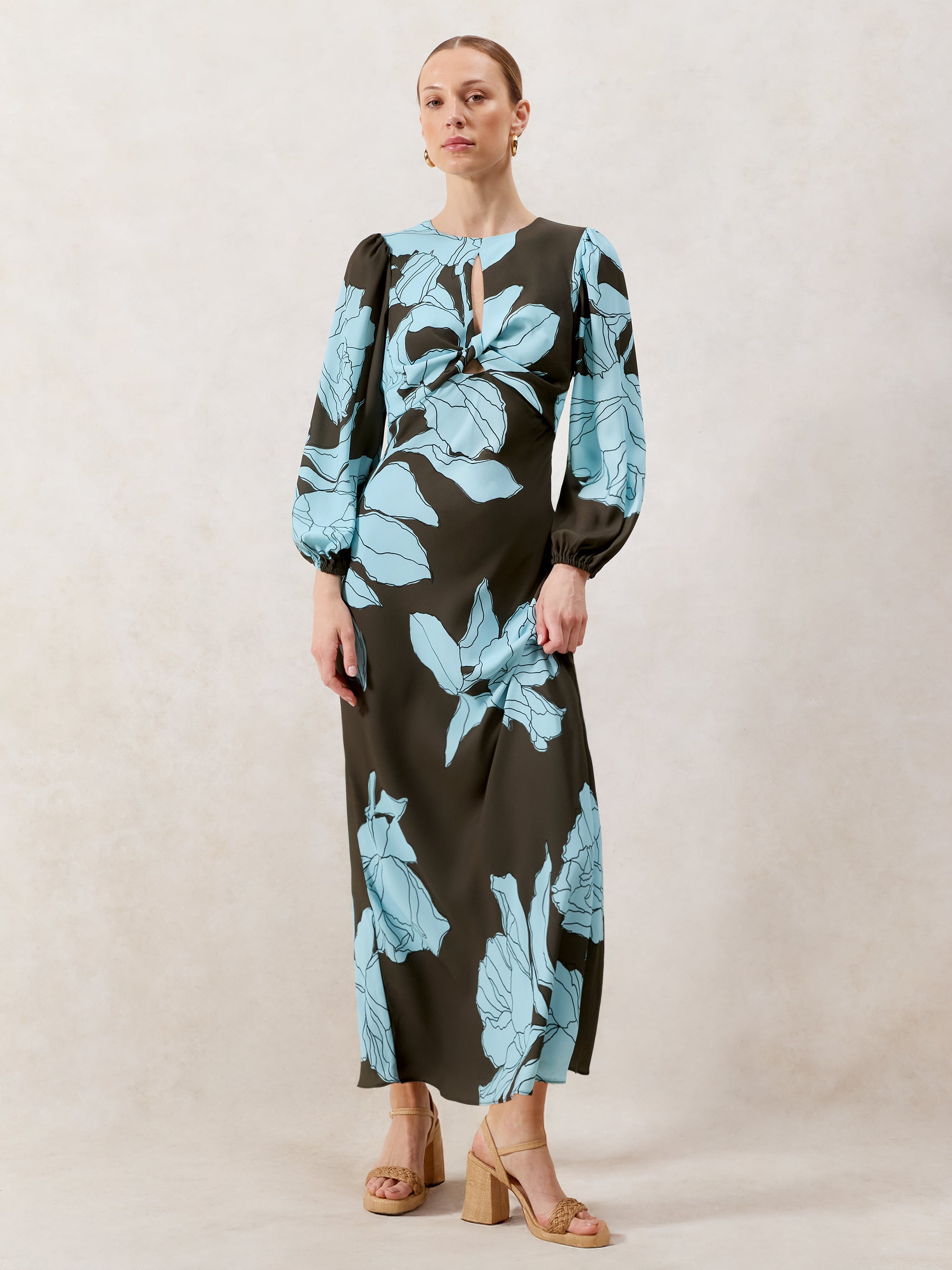 Mae Blue Floral Twist Front Midi Dress