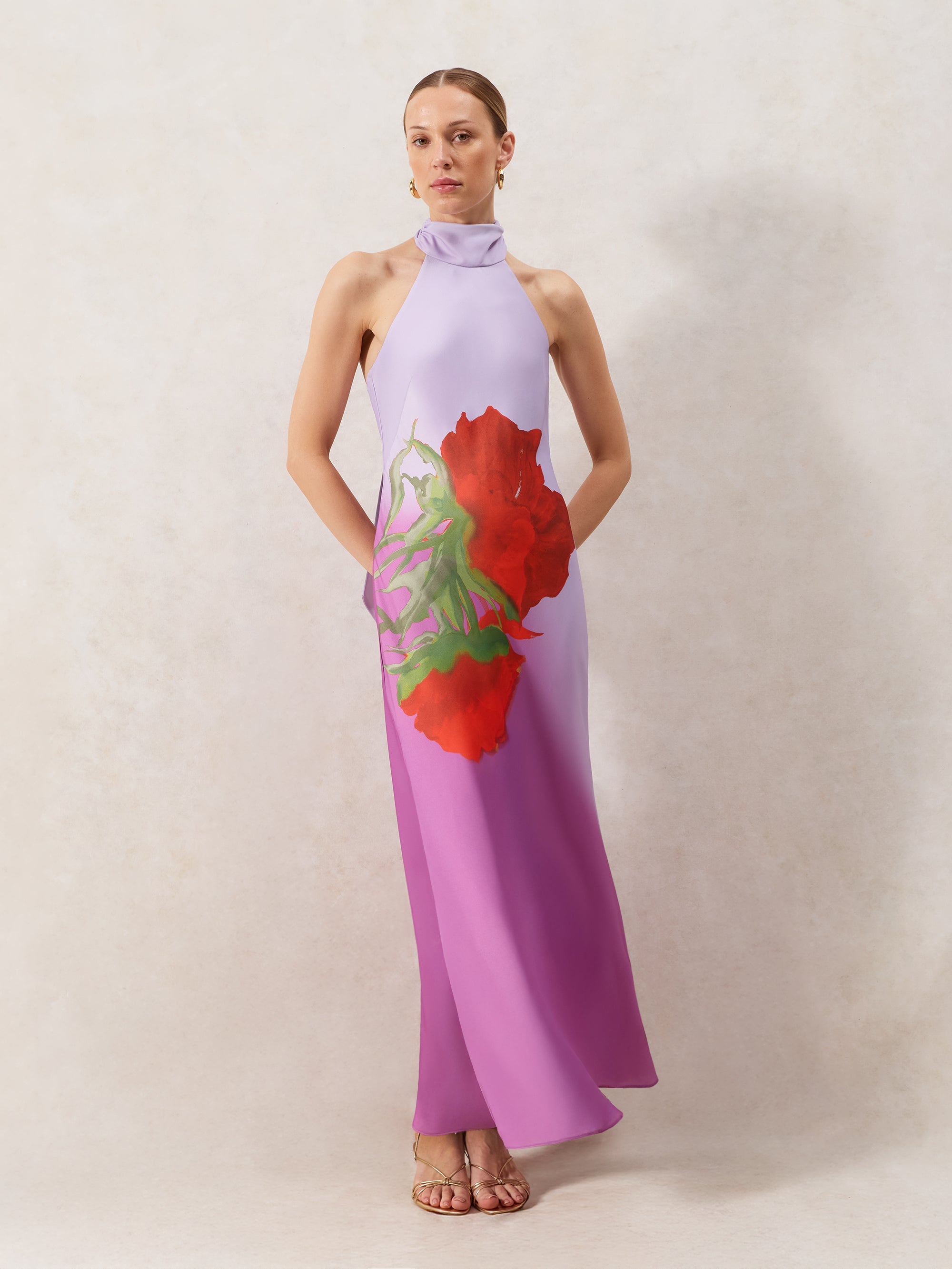 Margot Pink Rose Print Halter Neck Dress