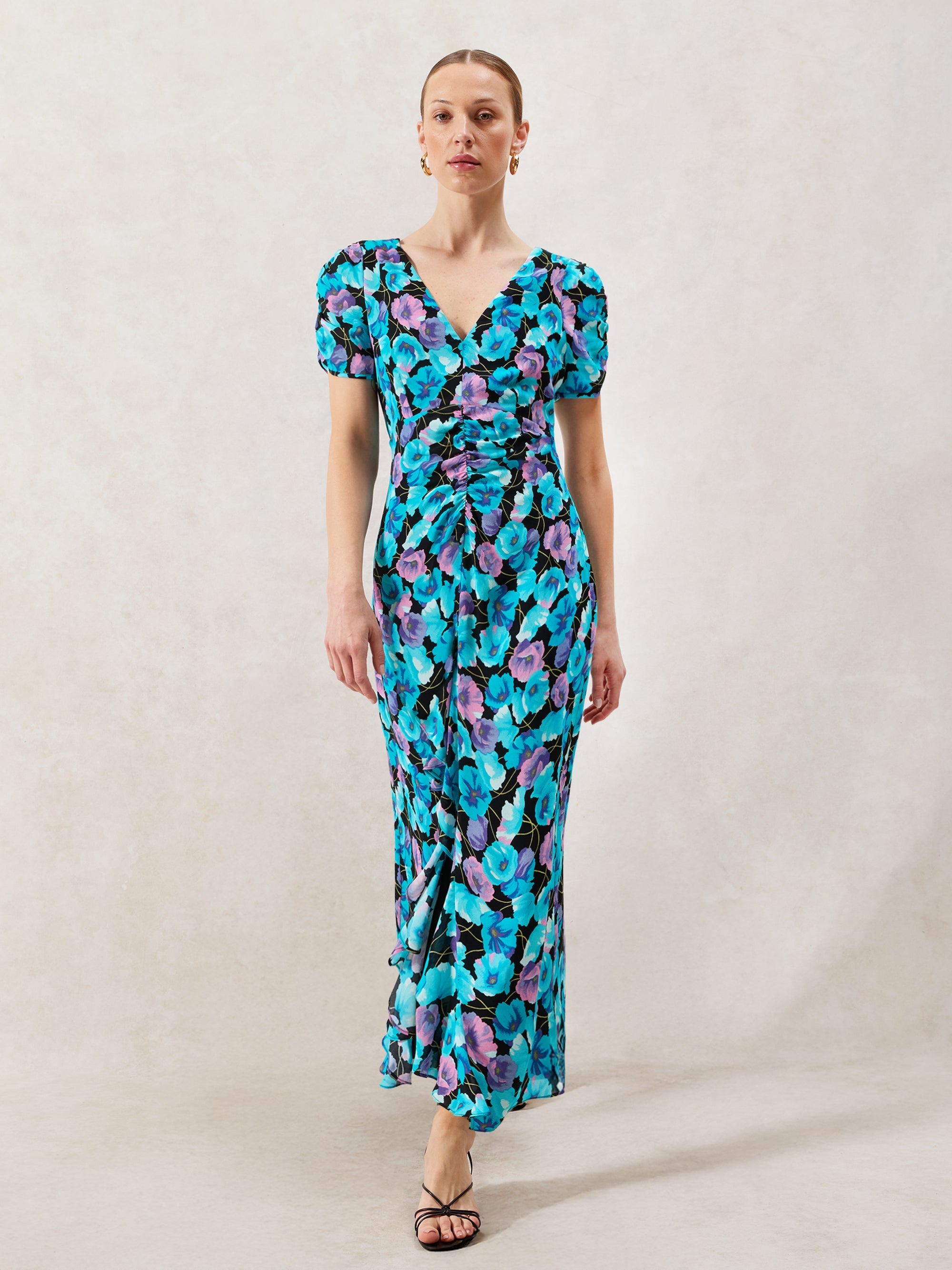 Mia Blue Floral Frill Front Midi Dress