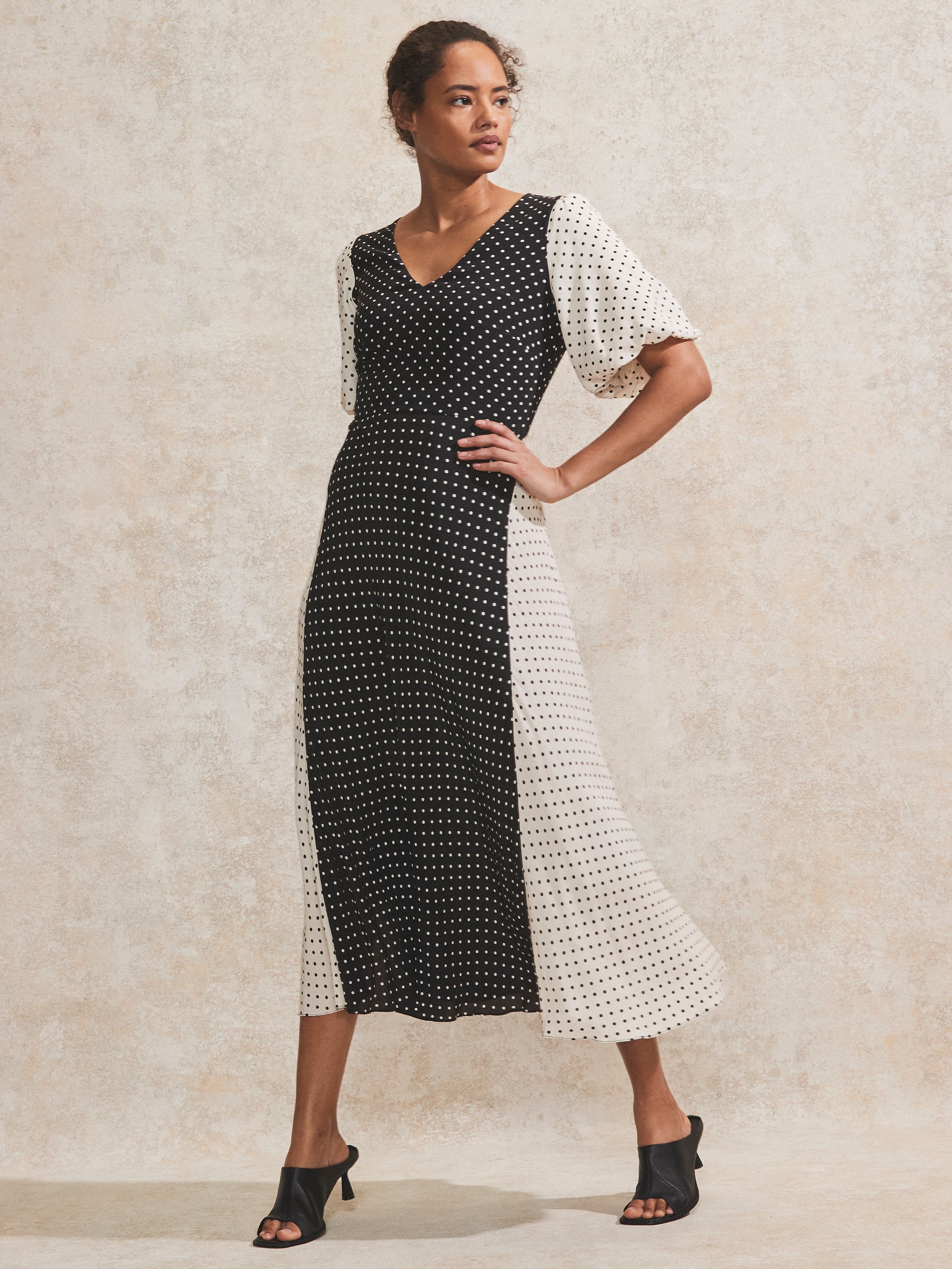 Mono Contrast Polka-Dot Midi Dress