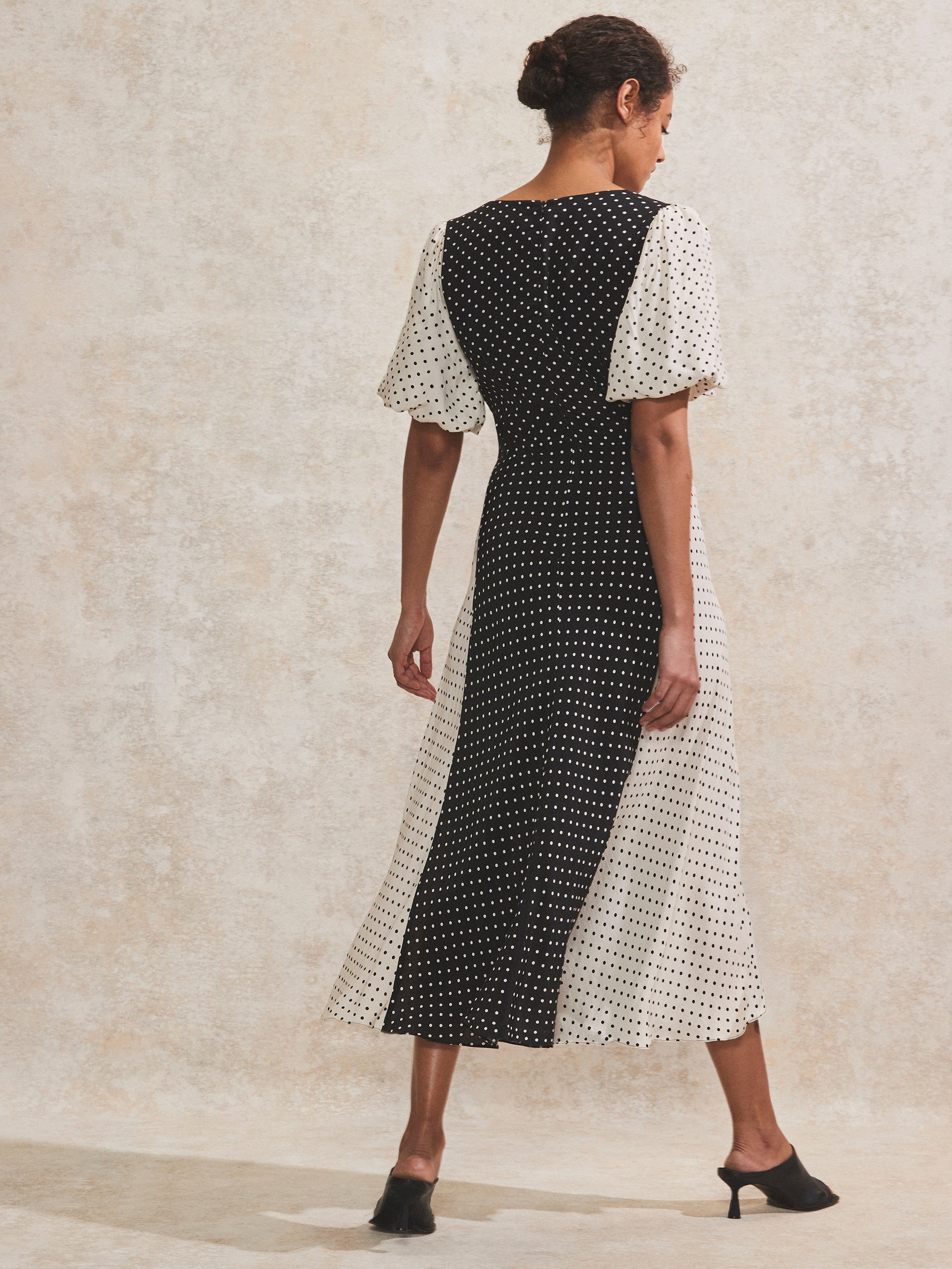 Mono Contrast Polka-Dot Midi Dress