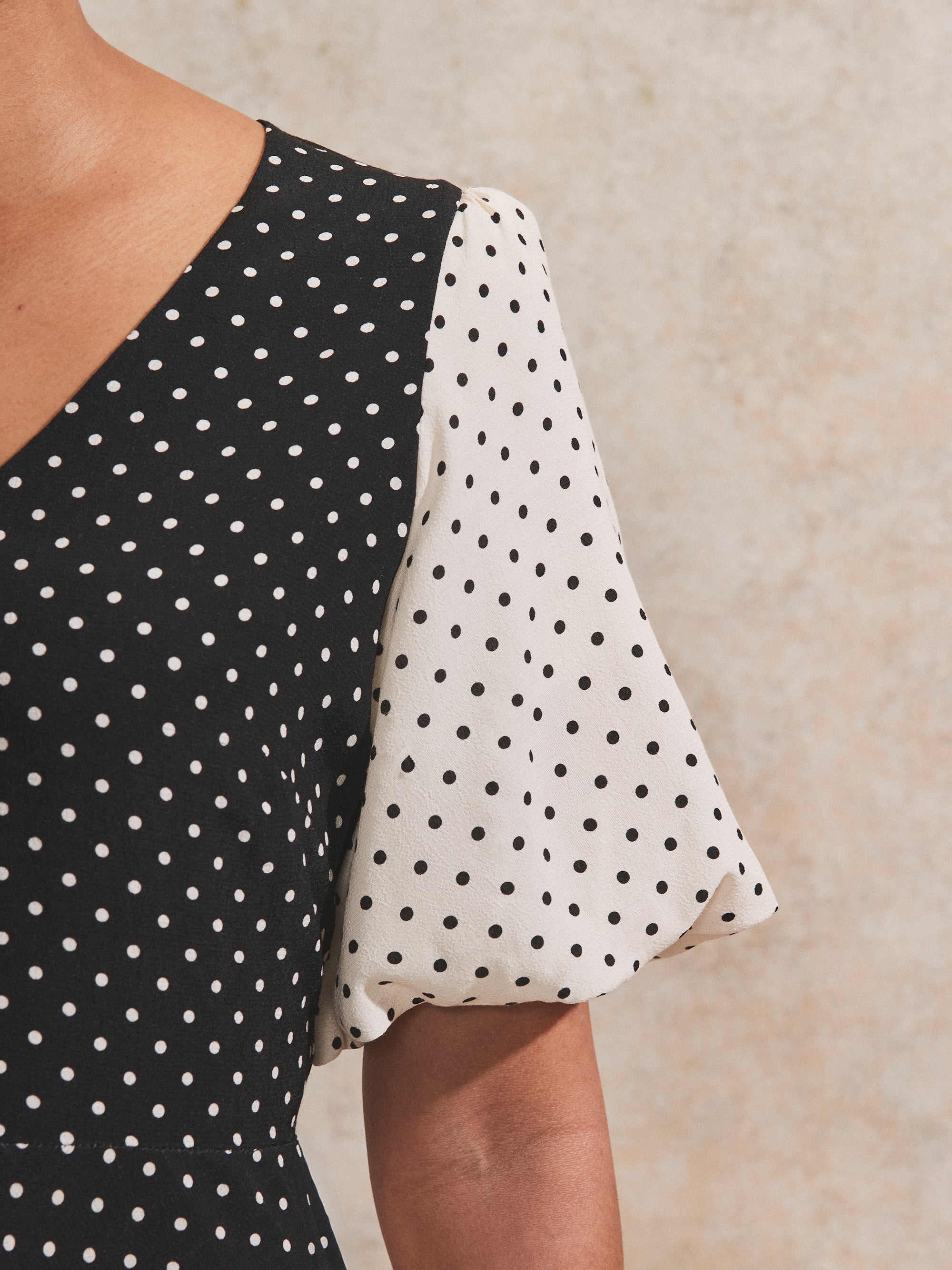 Mono Contrast Polka-Dot Midi Dress