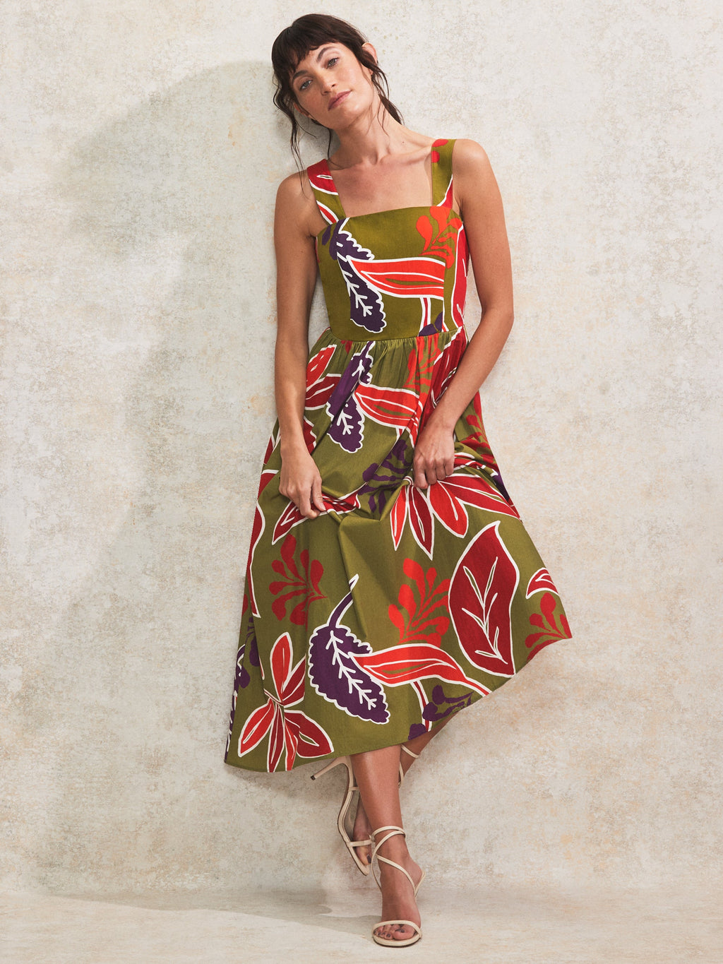 Olive Leaf-Print Cotton Dress