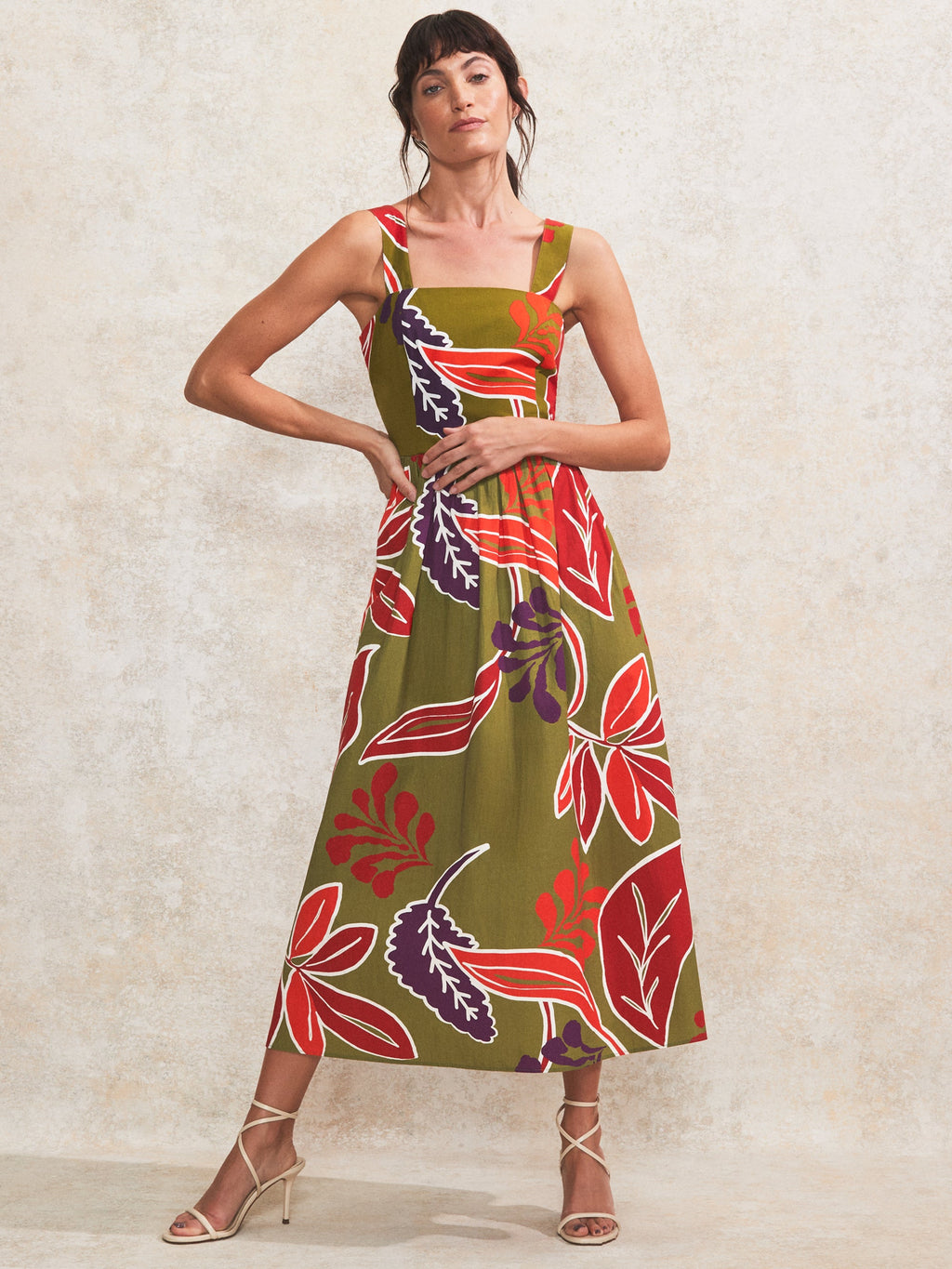 Olive Leaf-Print Cotton Dress