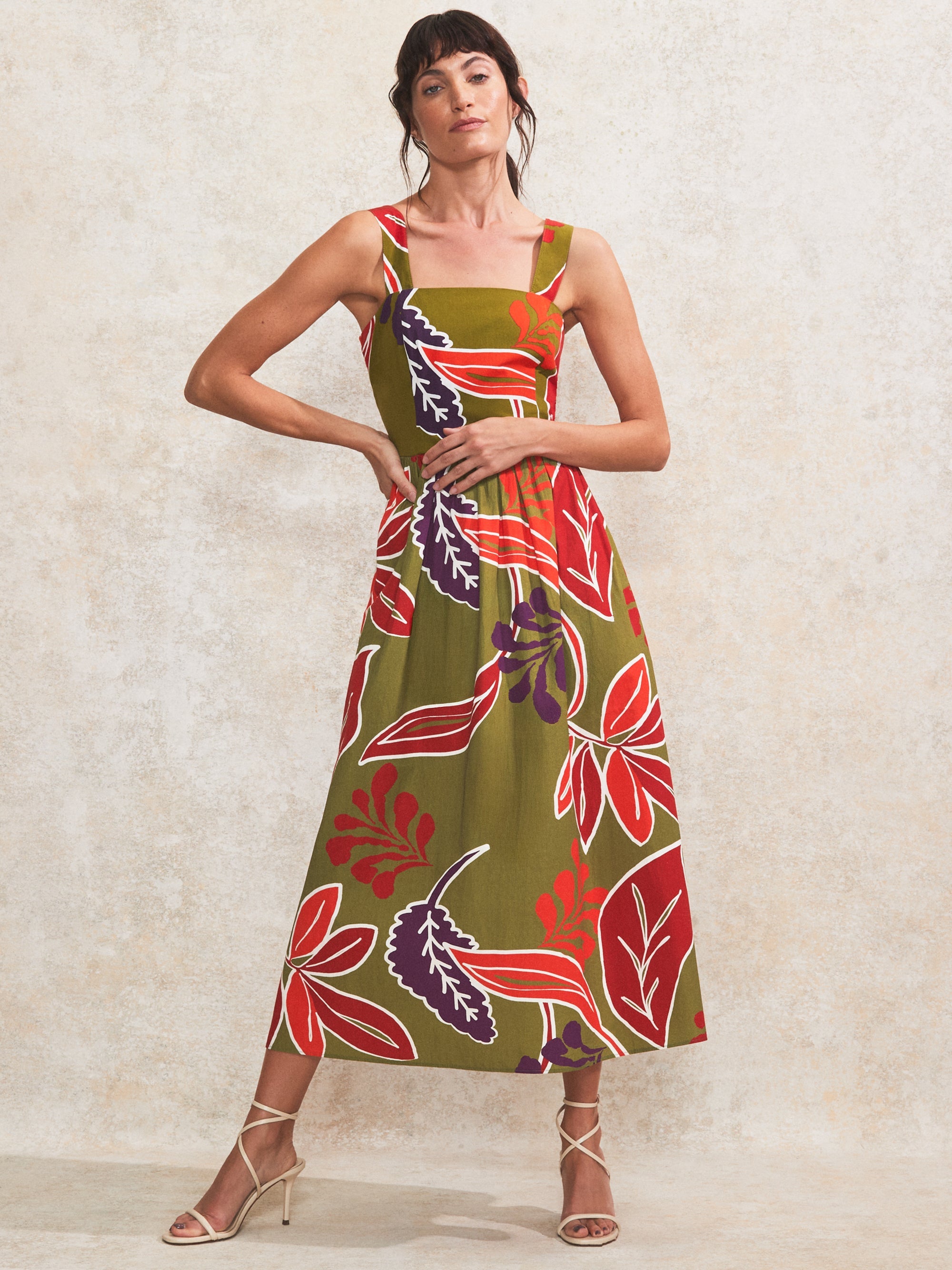 Olive Leaf-Print Cotton Dress