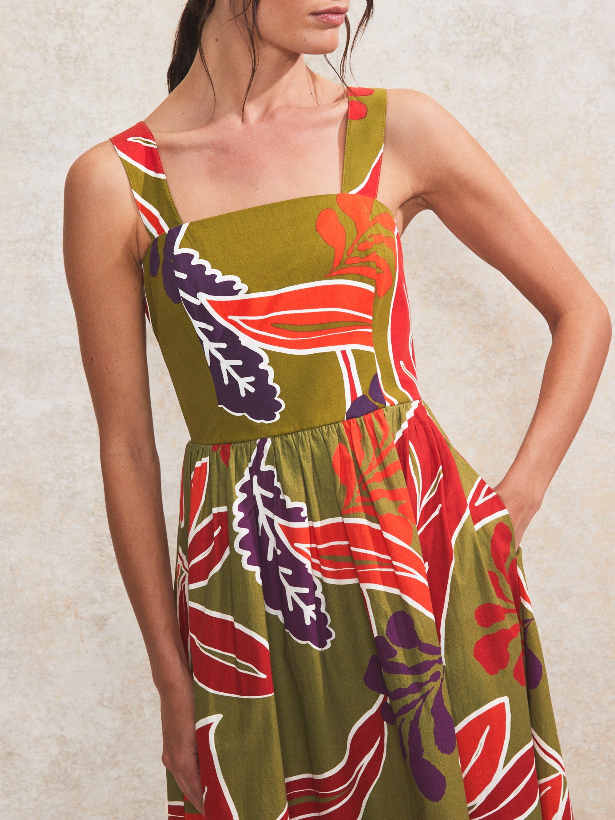 Olive Leaf-Print Cotton Dress
