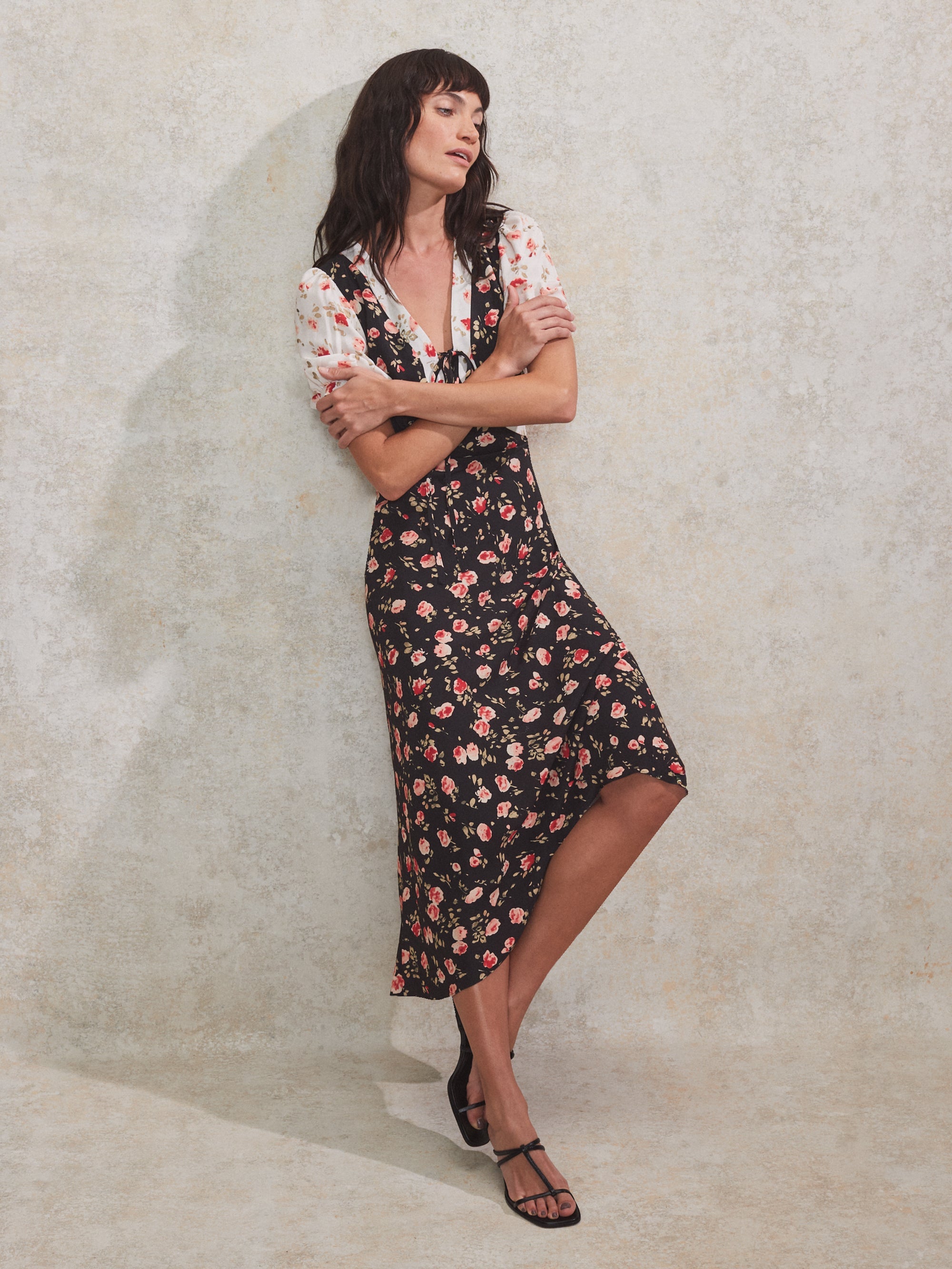 Contrast Rose-Print Puff-Sleeve Midi Dress