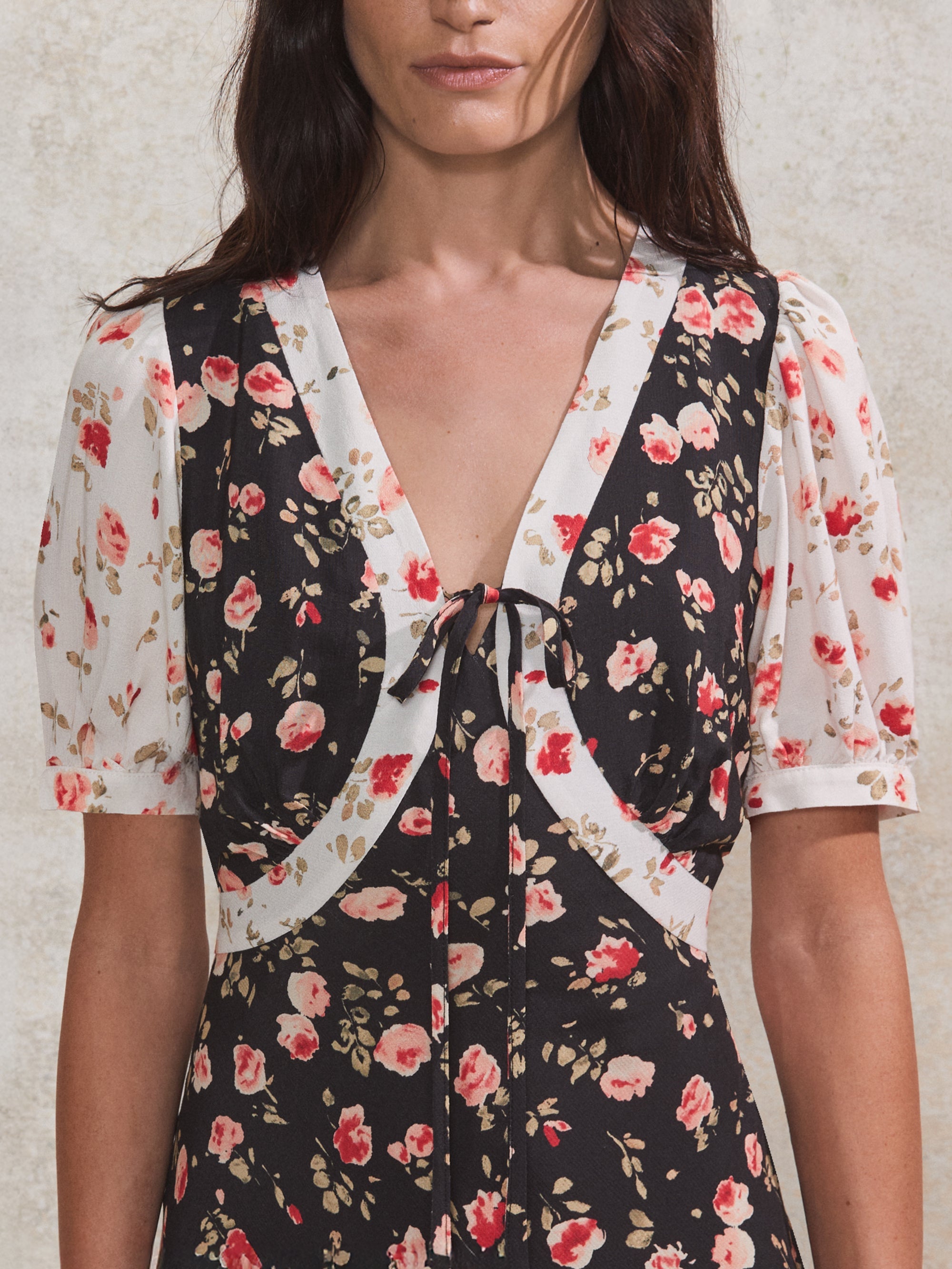 Contrast Rose-Print Puff-Sleeve Midi Dress