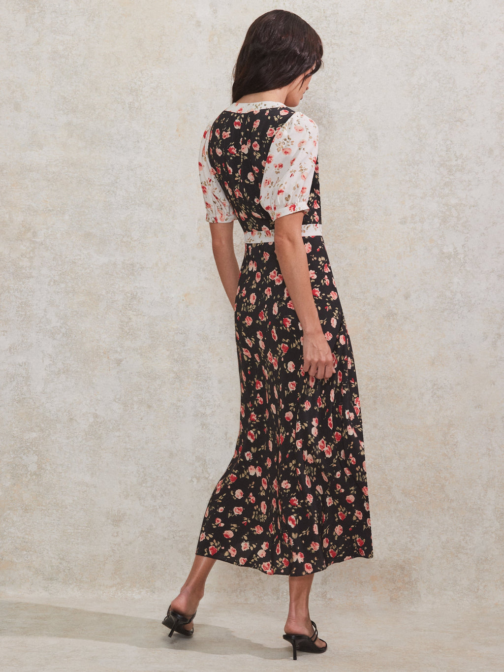 Contrast Rose-Print Puff-Sleeve Midi Dress