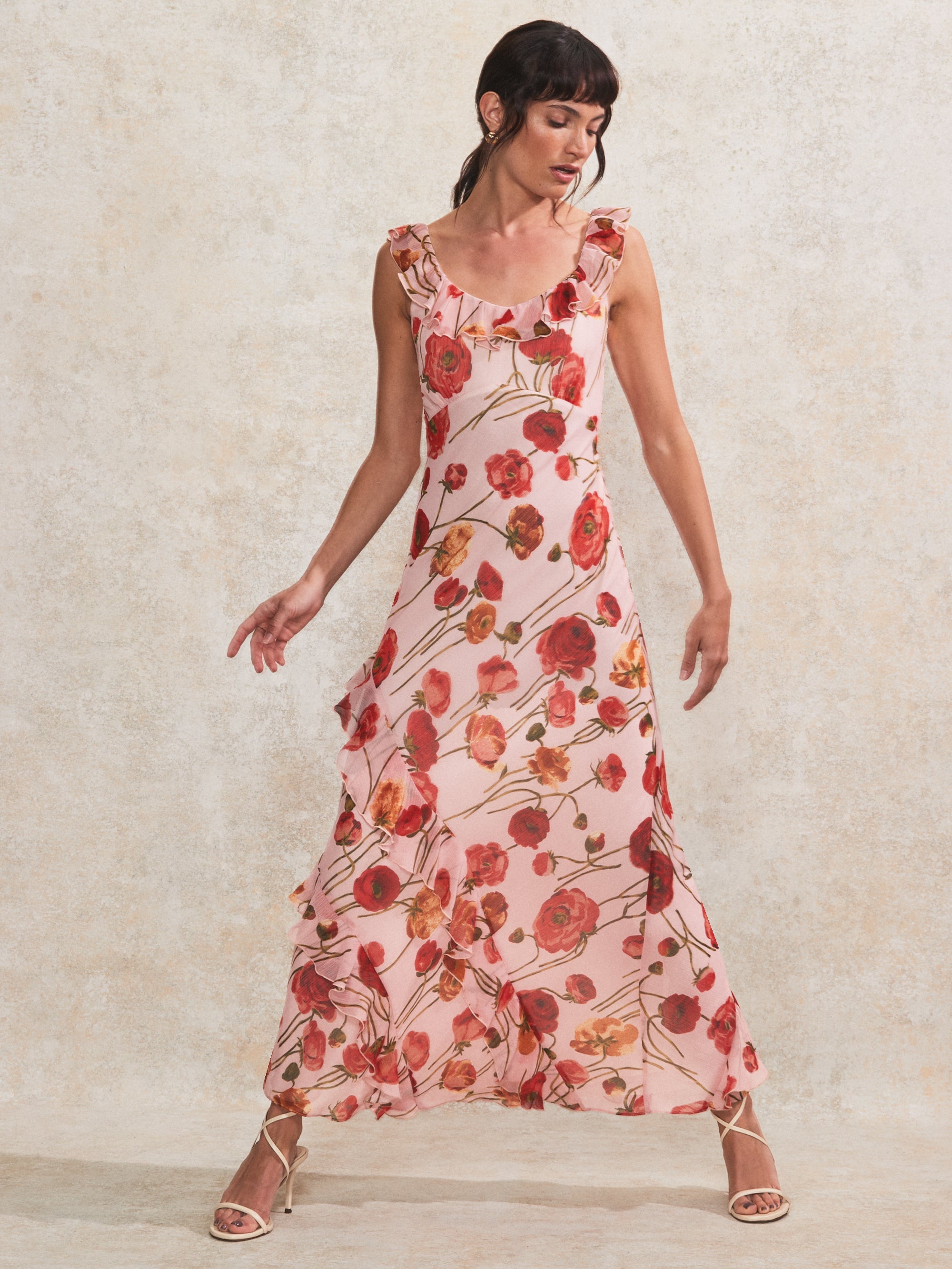 Rosie Pink Poppy-Print Ruffle-Detail Dress