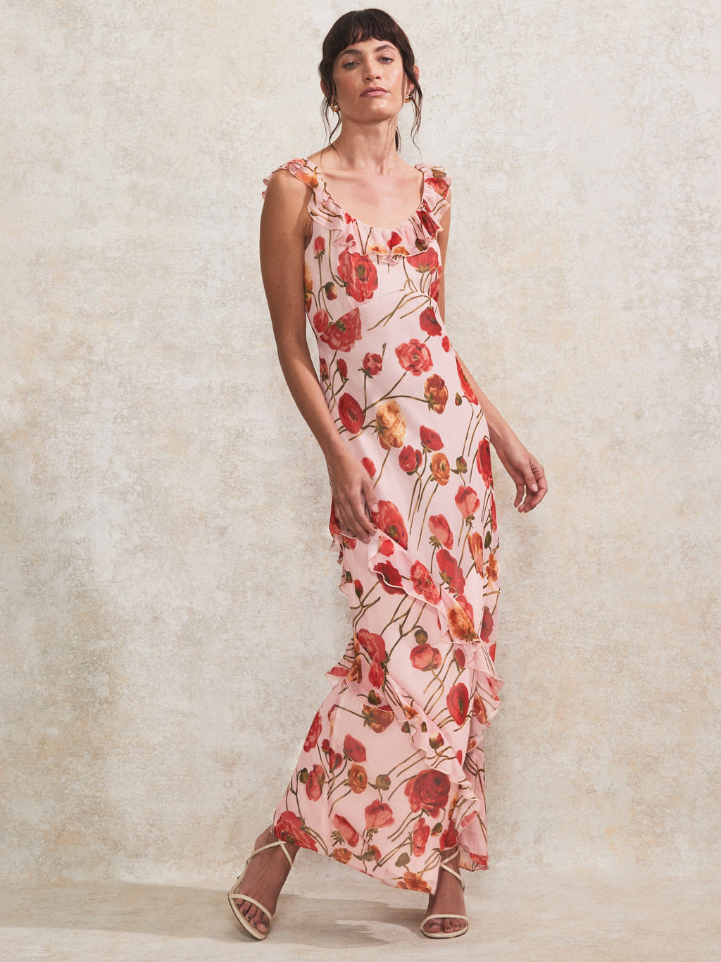 Rosie Pink Poppy-Print Ruffle-Detail Dress