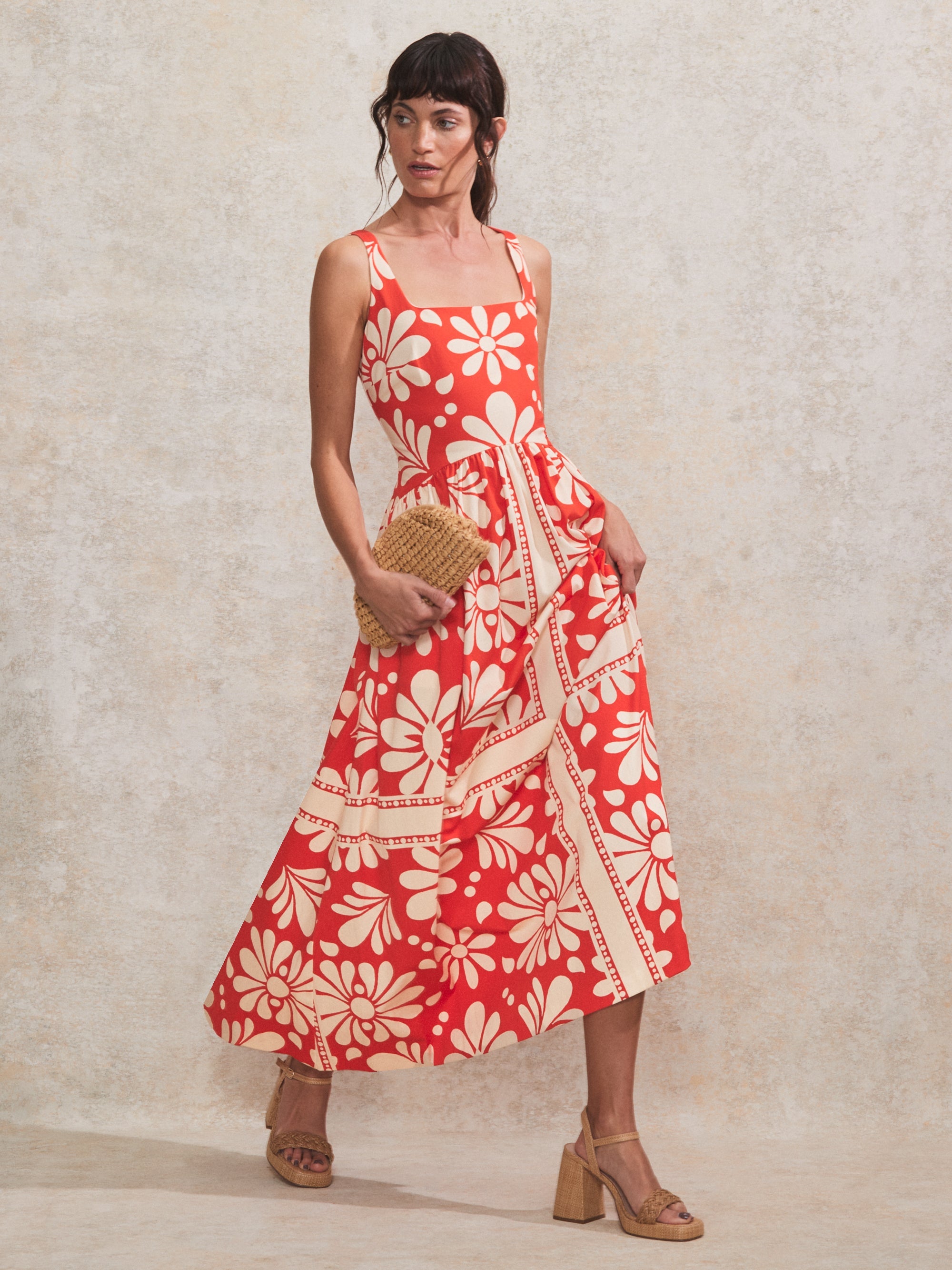 Raya Red Floral-Print Square-Neck Cotton Dress