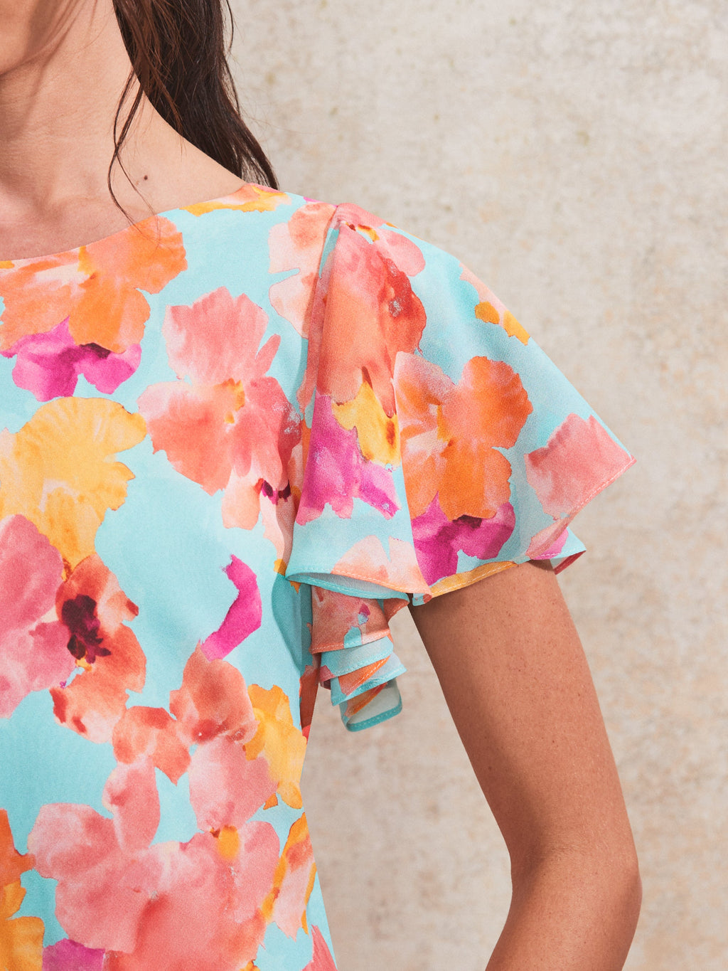 Hazel Blue And Pink Floral-Print Frill-Sleeve Dress
