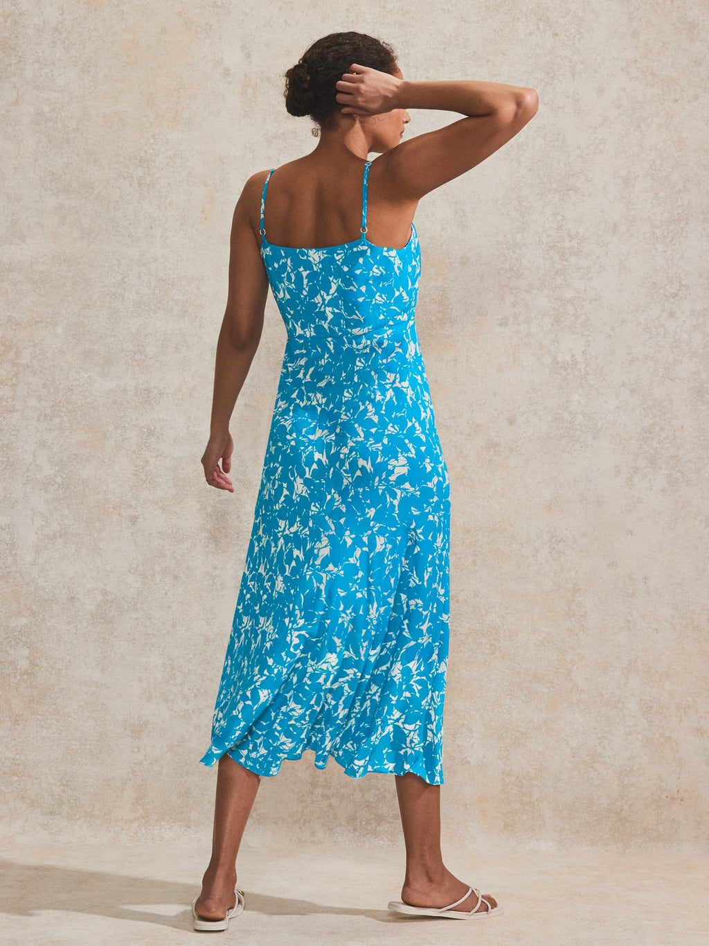 Blue Leaf-Print Keyhole-Detail Midi Dress