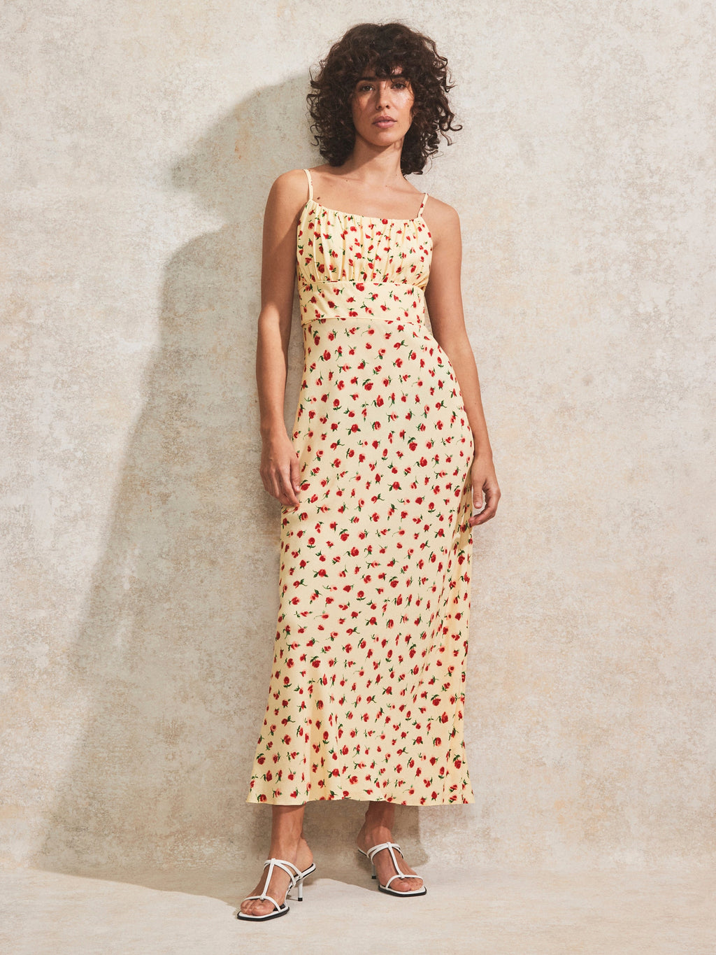 Buttermilk Rose-Print Gathered-Bodice Cami Dress