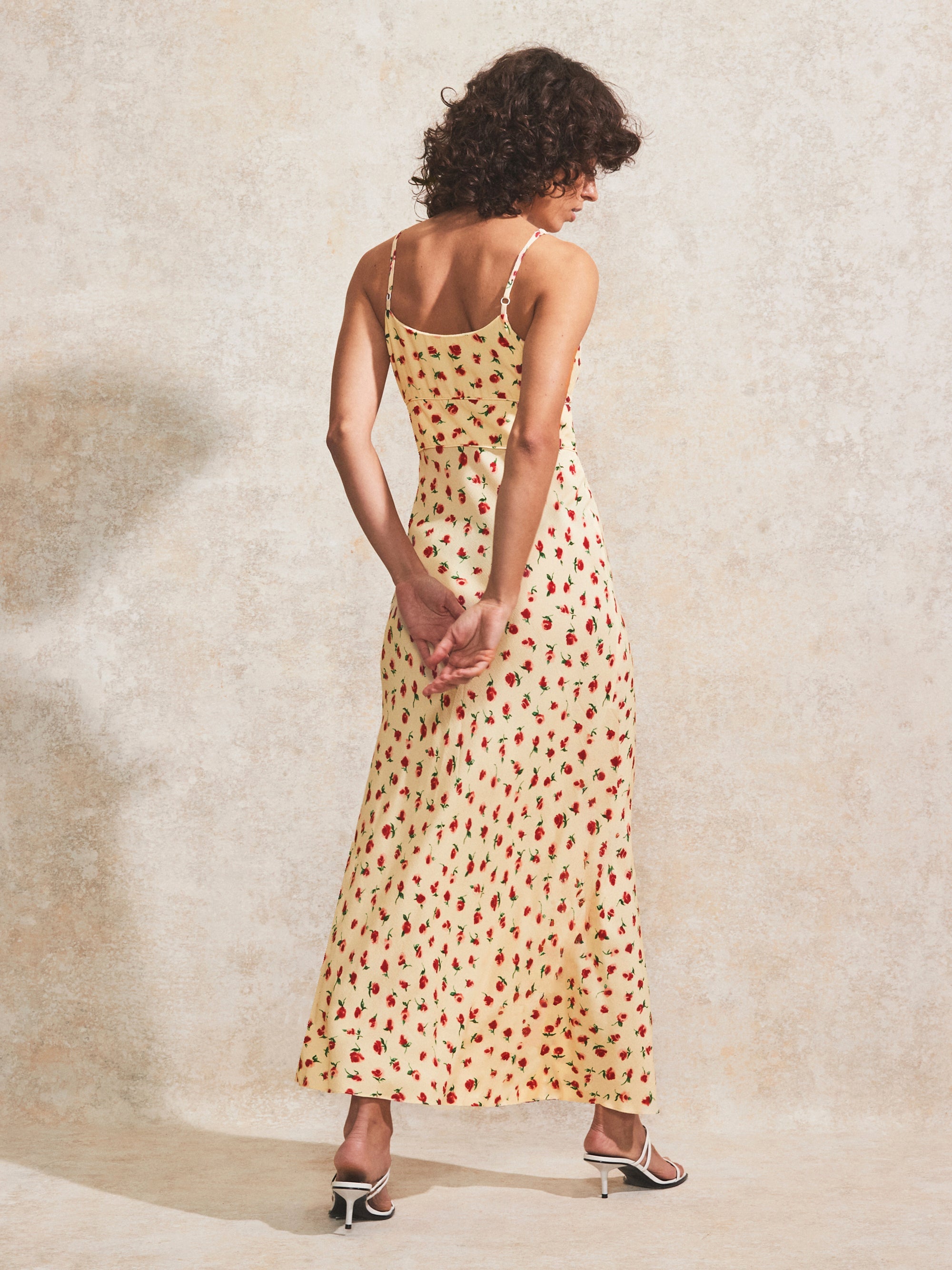Buttermilk Rose-Print Gathered-Bodice Cami Dress
