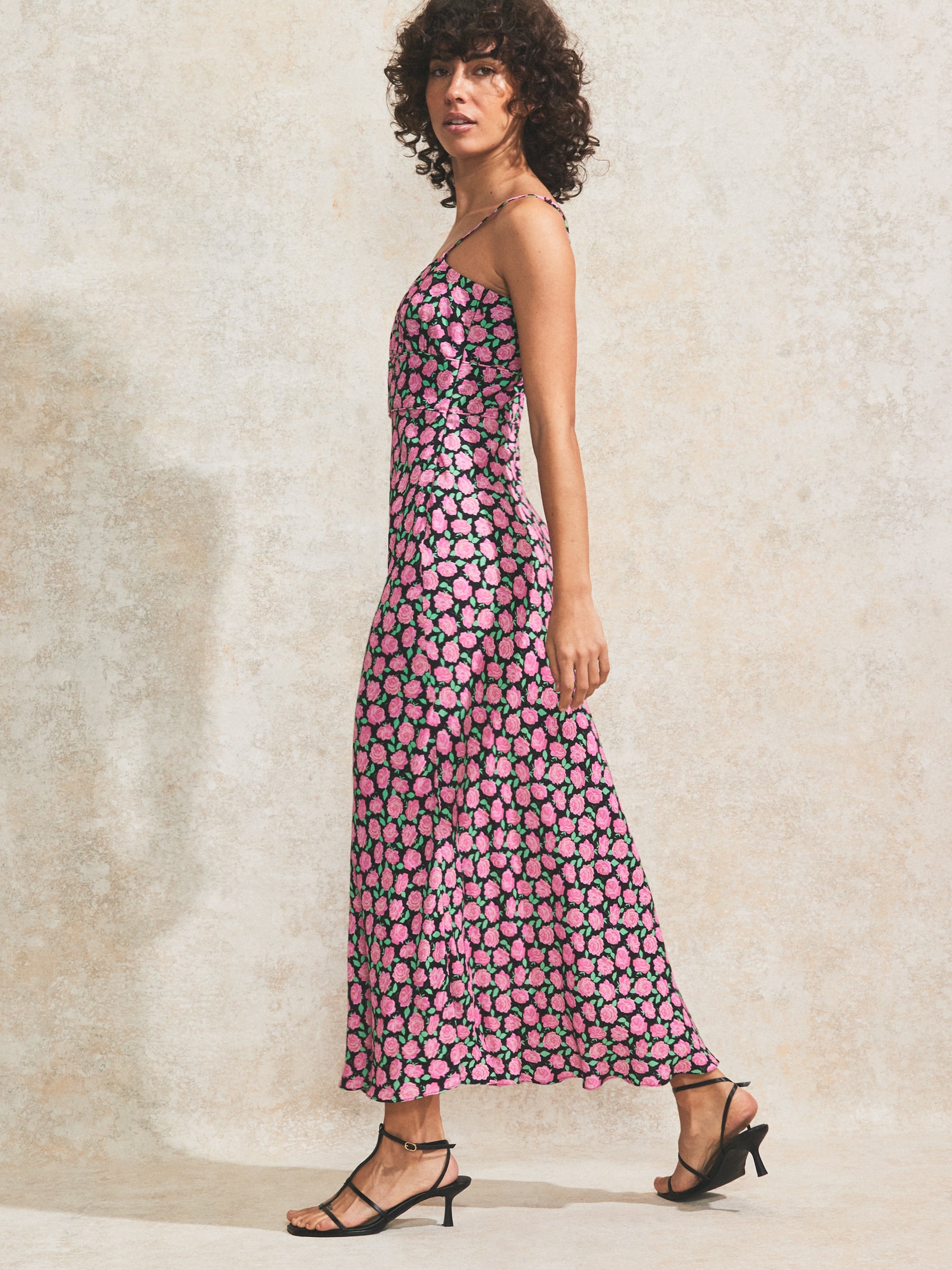 Pink Rose-Print Strappy Dress