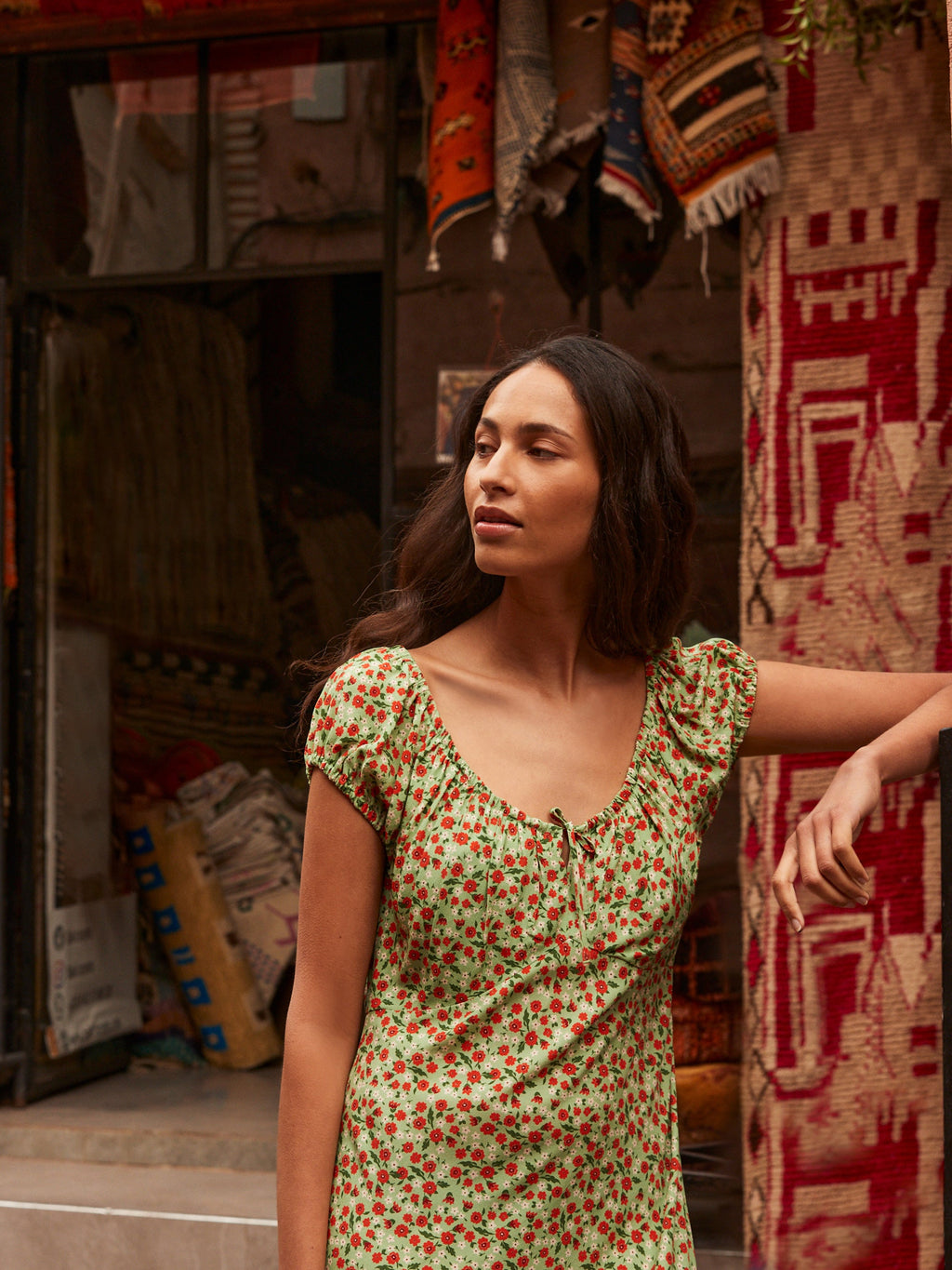 Green Floral-Print Gathered-Neck Midi Dress