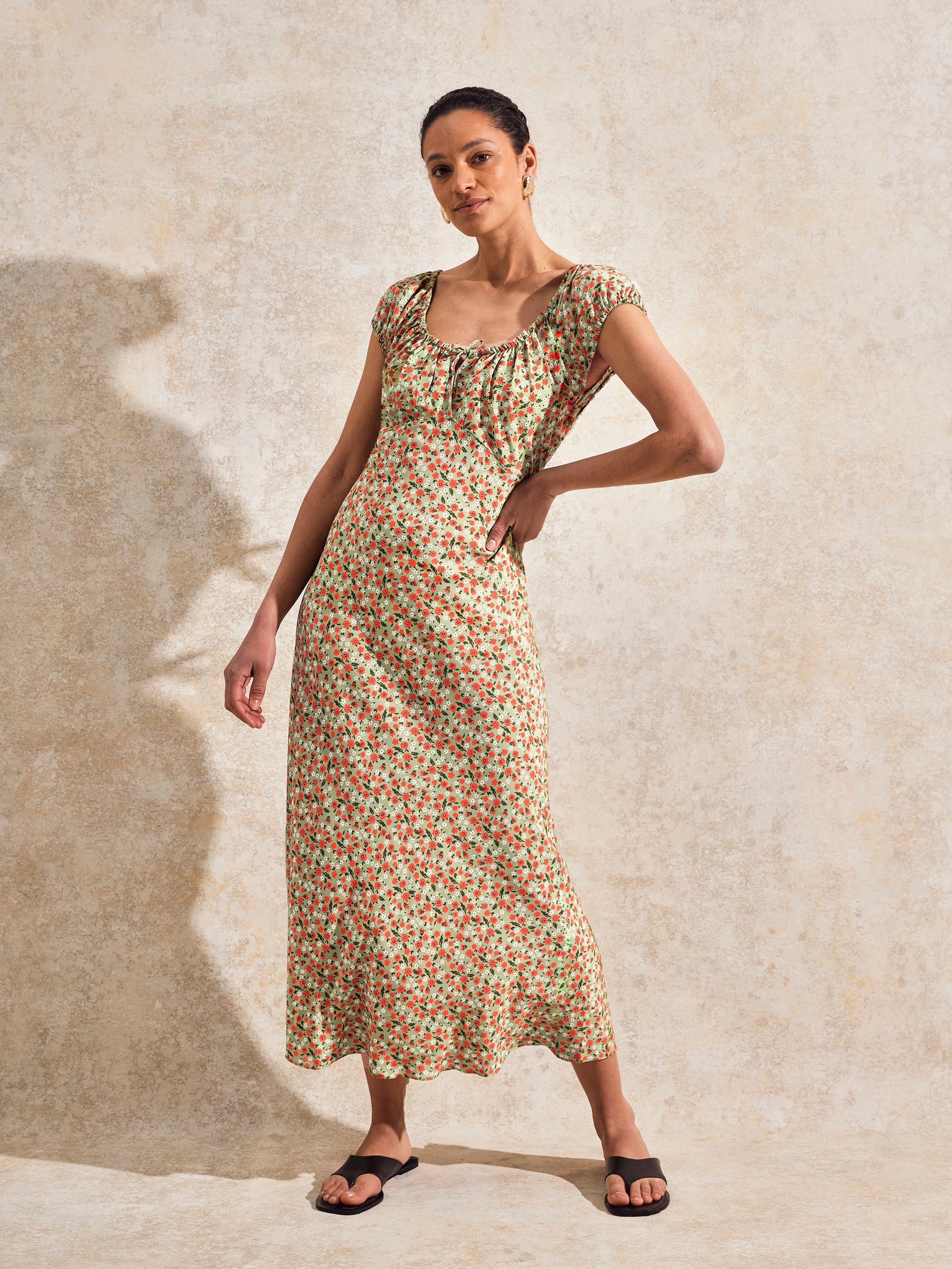 Green Floral-Print Gathered-Neck Midi Dress