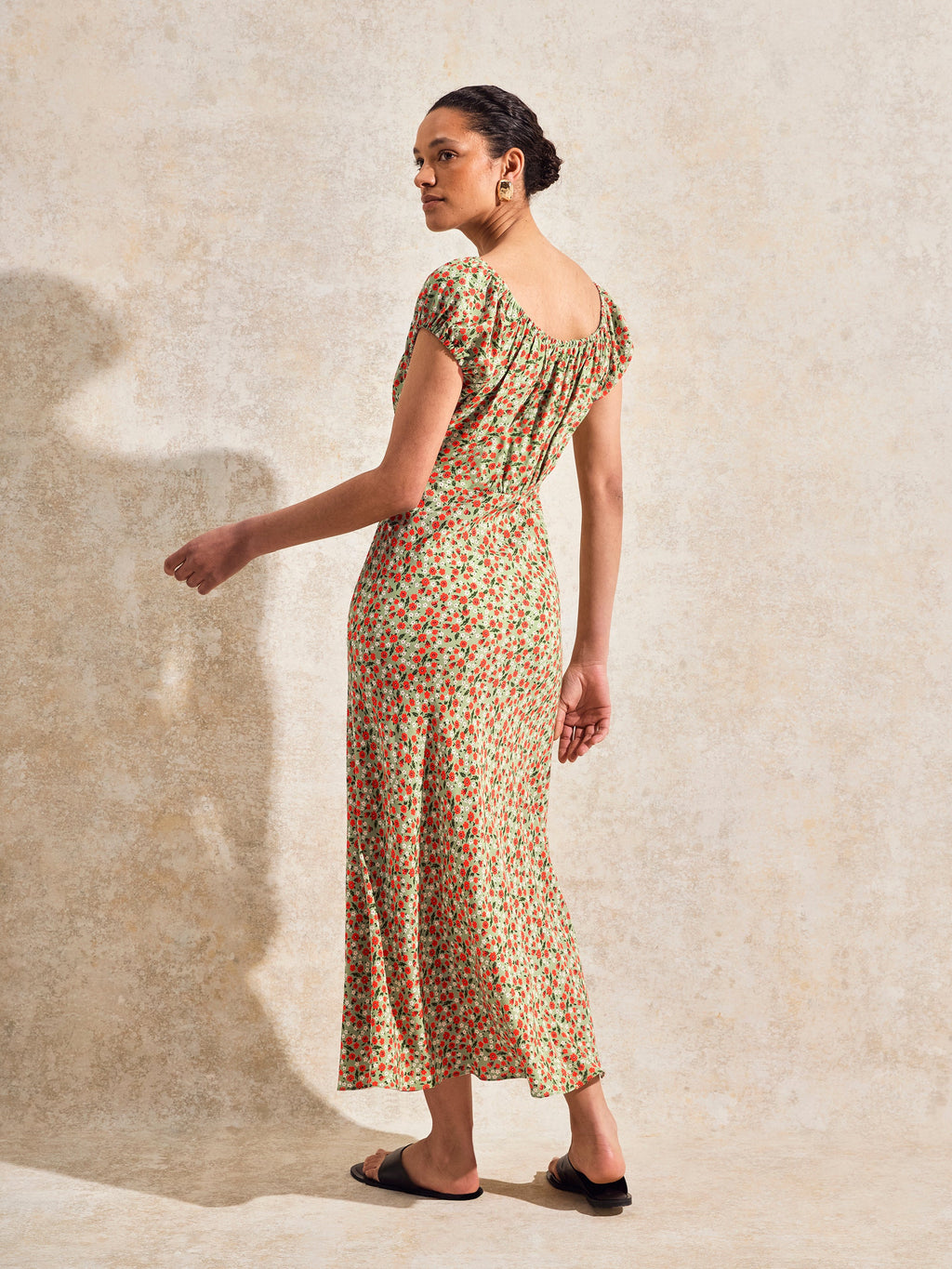 Green Floral-Print Gathered-Neck Midi Dress