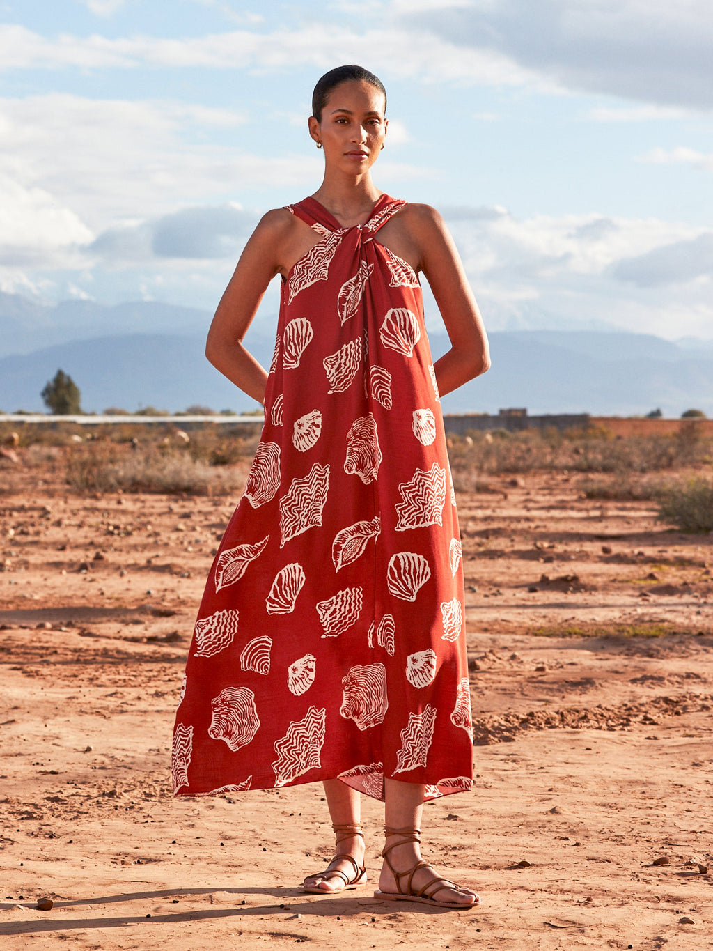 Rust Shell-Print Twist-Halterneck Dress