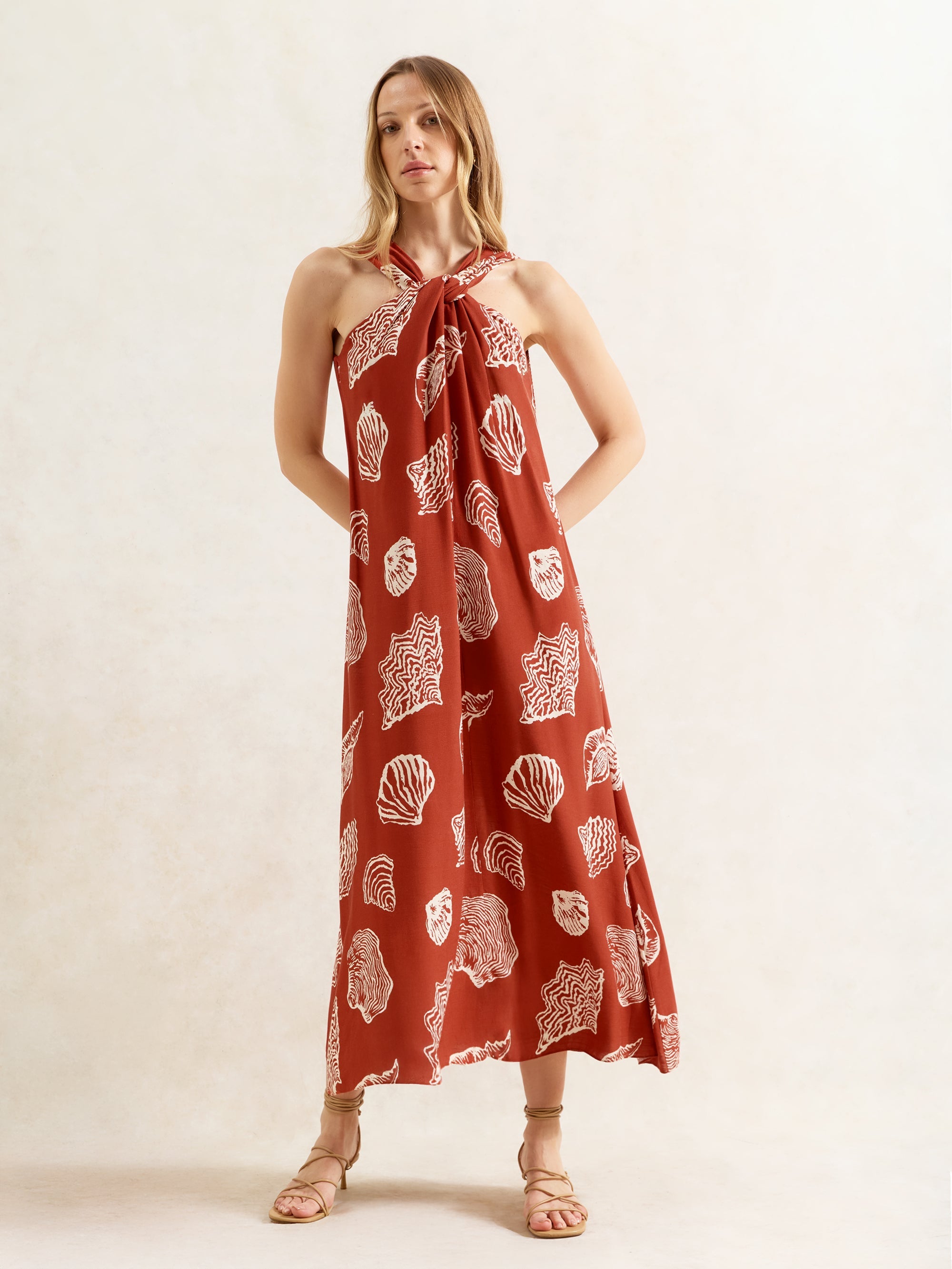 Rust Shell-Print Twist-Halterneck Dress