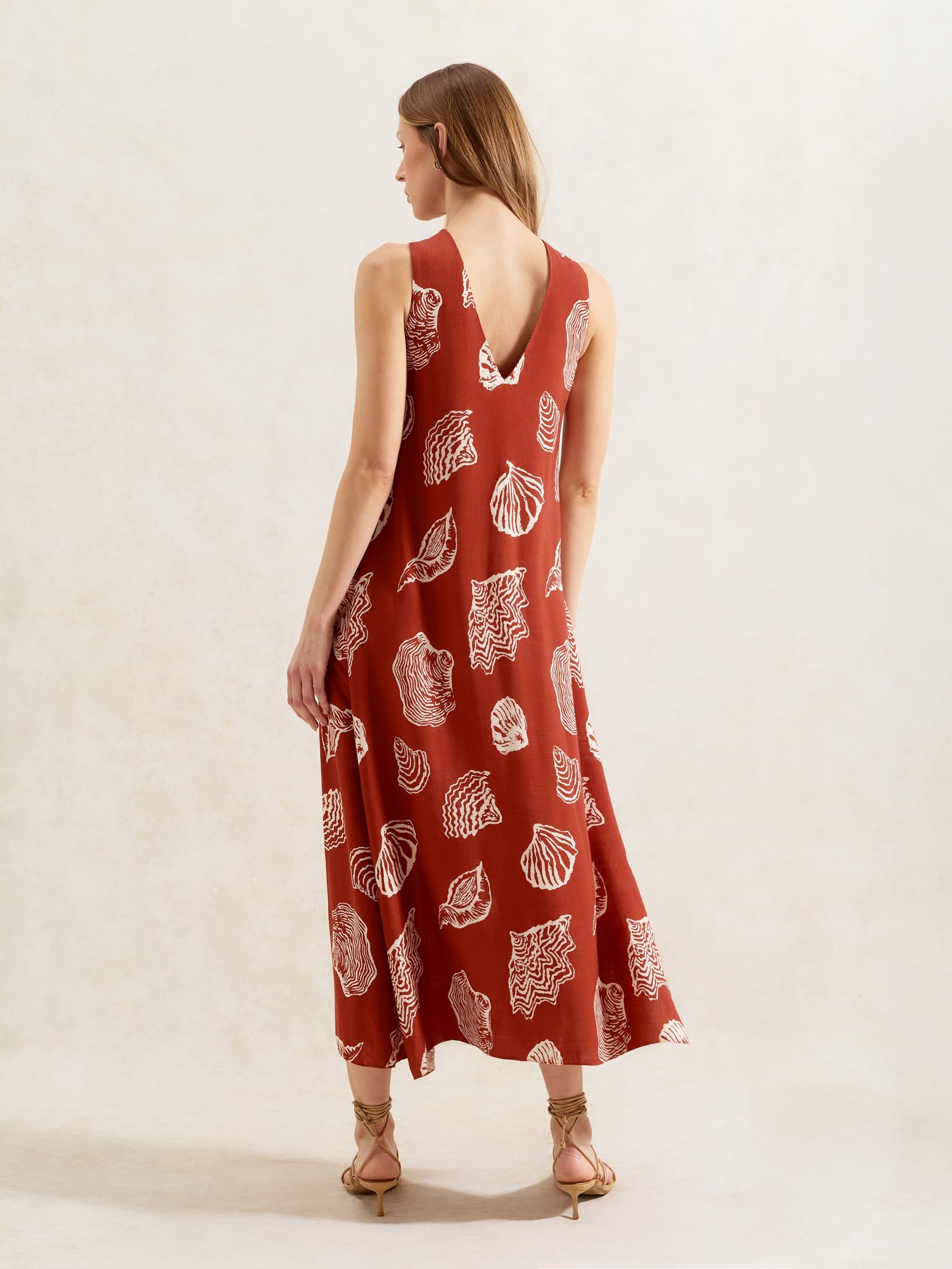 Rust Shell-Print Twist-Halterneck Dress