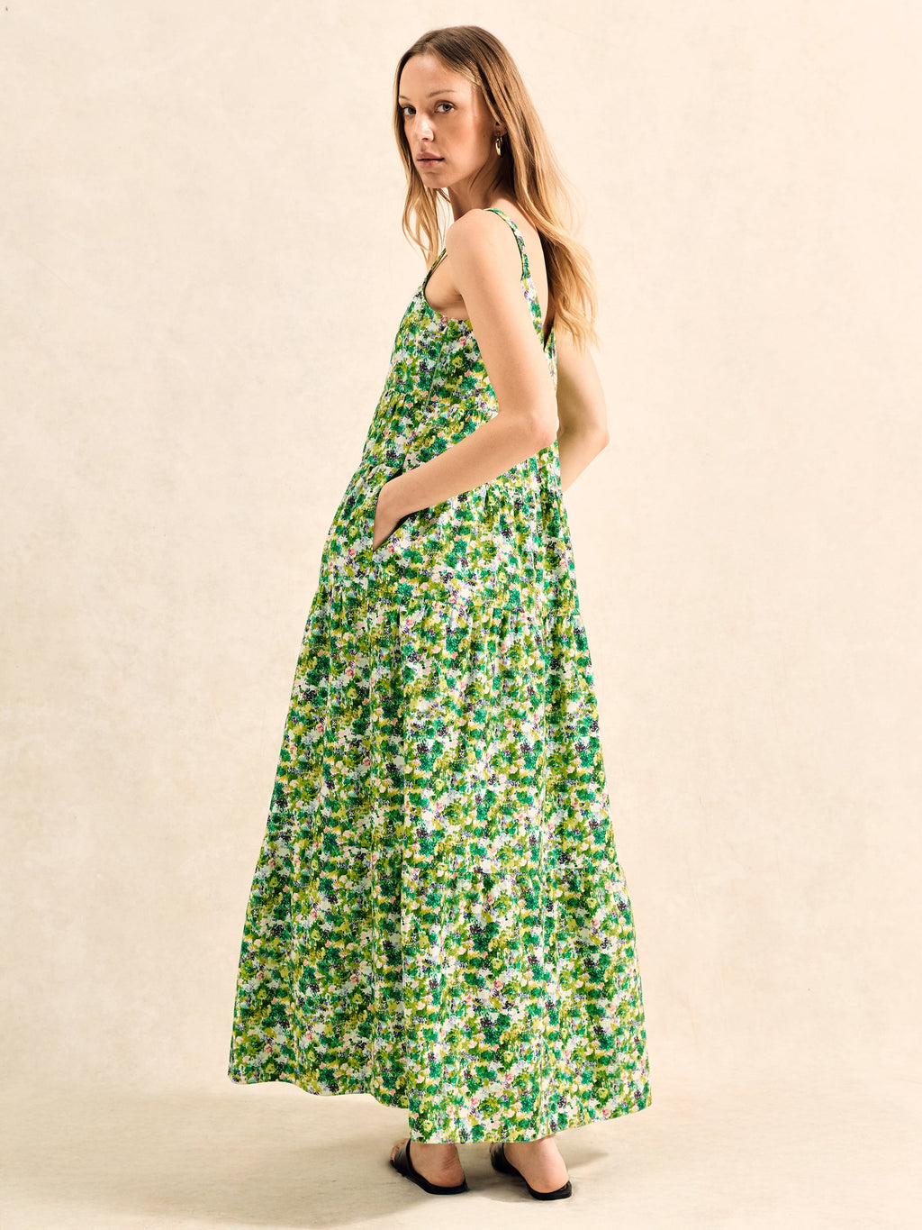 Green Ditsy Cotton Tiered Dress