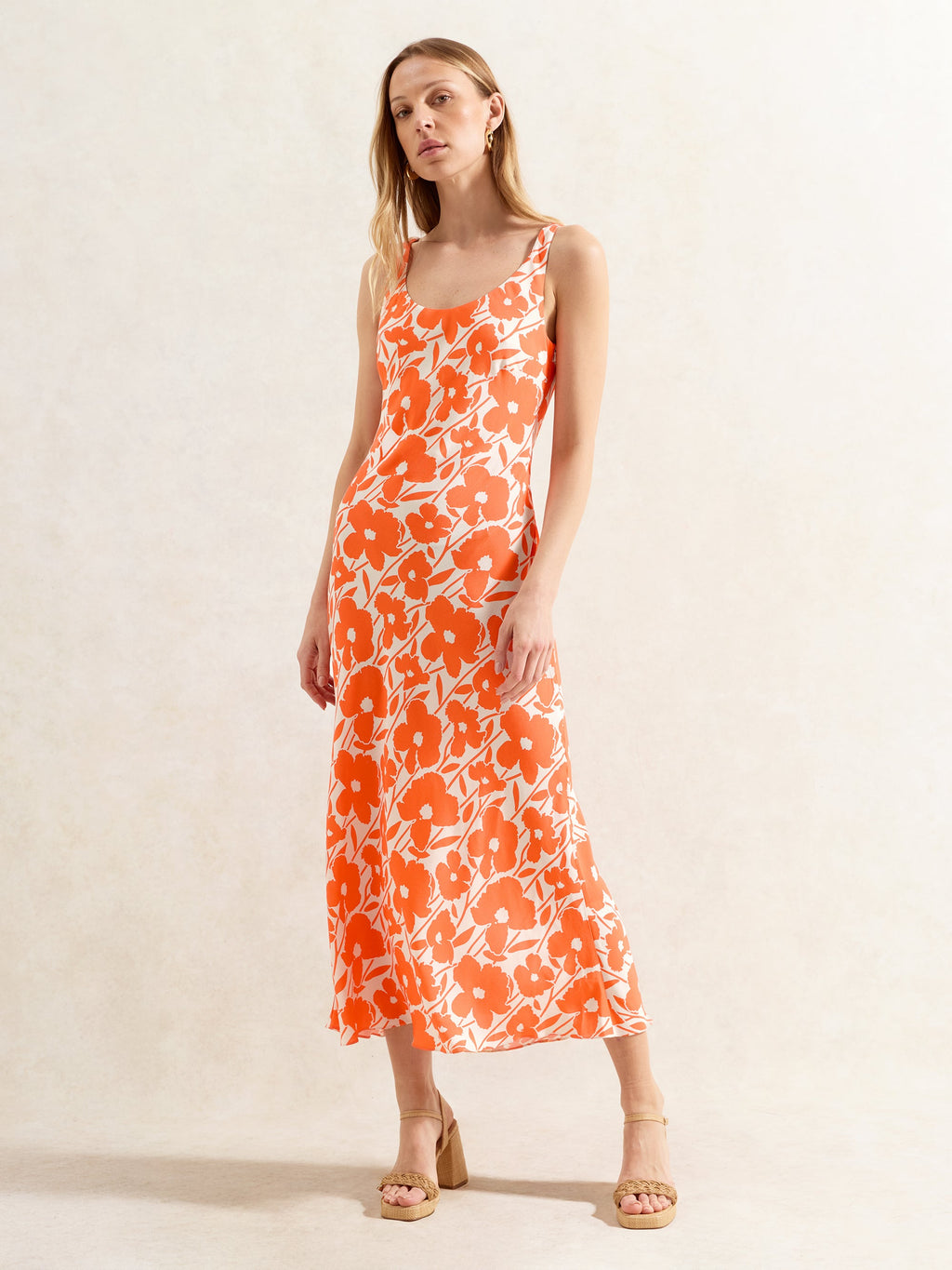 Orange Poppy-Print Scoop-Neck Midi Dress