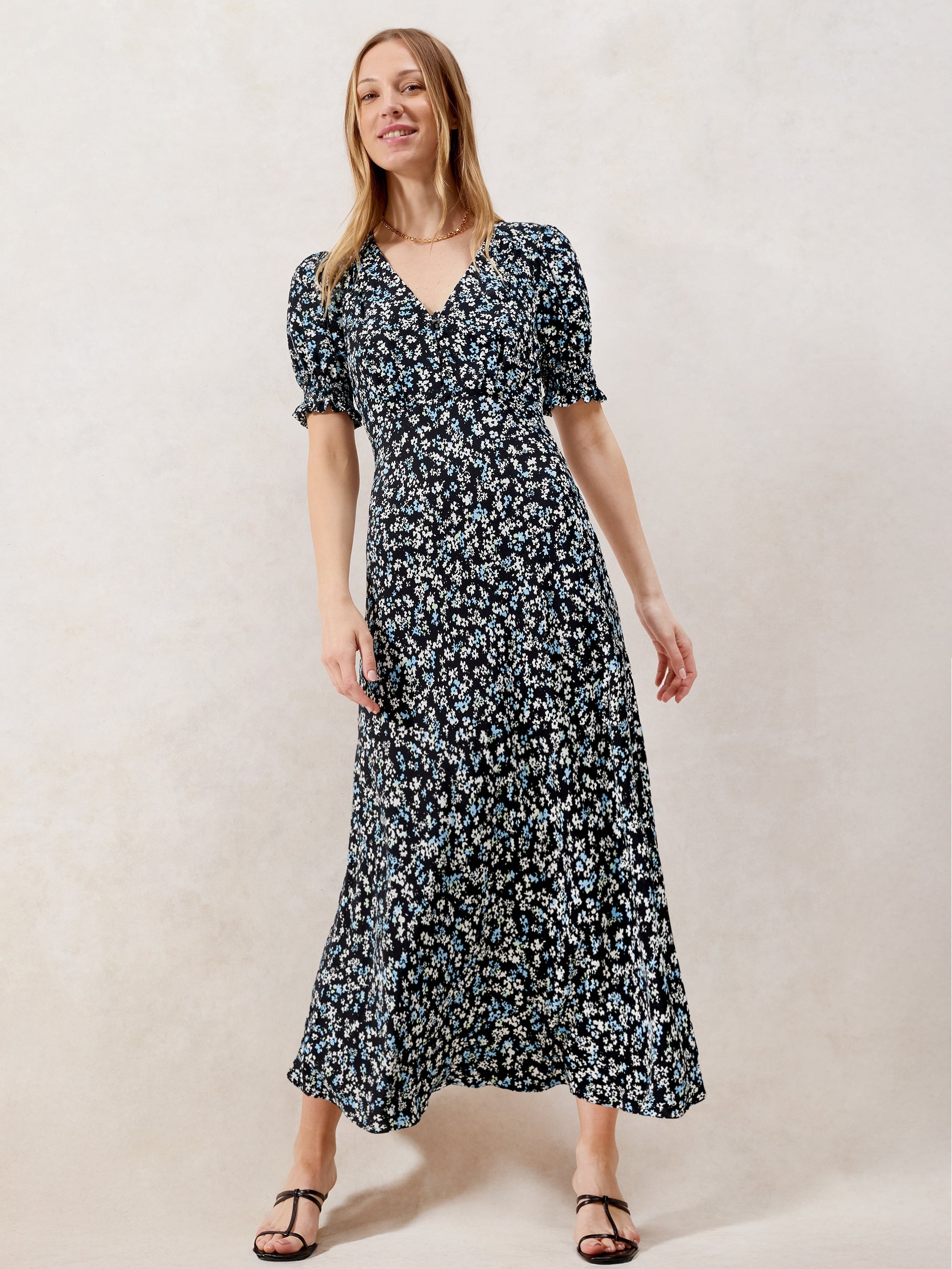 Blue Ditsy Print Shirred Cuff Midi Dress