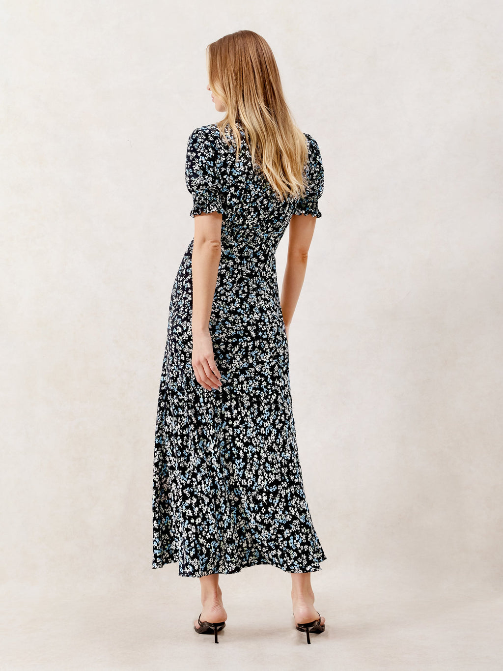 Blue Ditsy Print Shirred Cuff Midi Dress