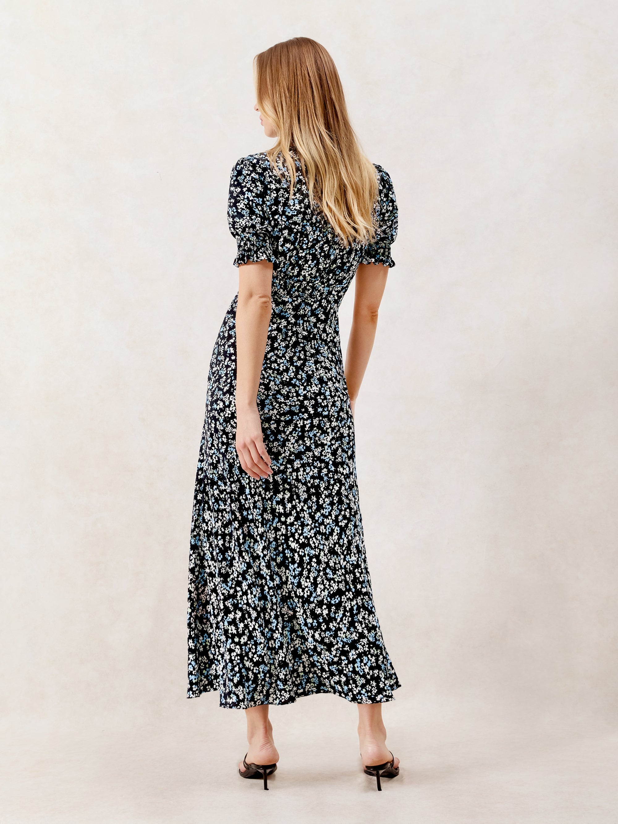 Blue Ditsy Print Shirred Cuff Midi Dress