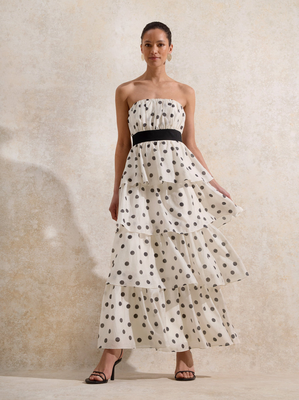 Claudia Black and White Polka Dot-Print Tiered Dress