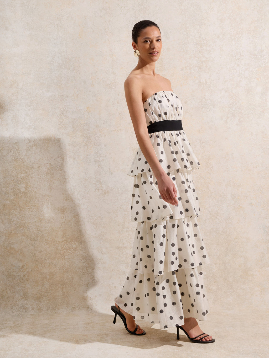 Claudia Black and White Polka Dot-Print Tiered Dress