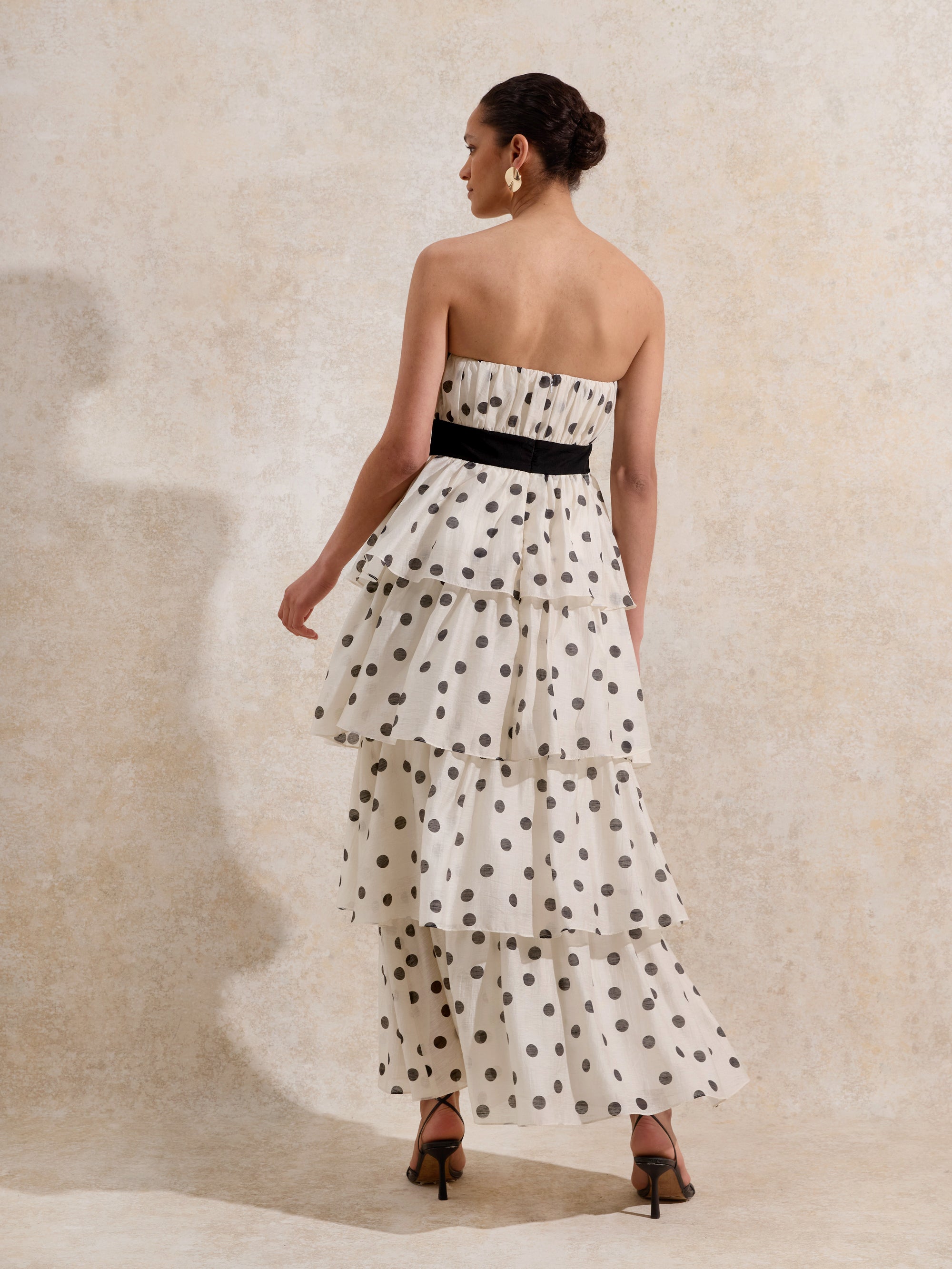 Claudia Black and White Polka Dot-Print Tiered Dress