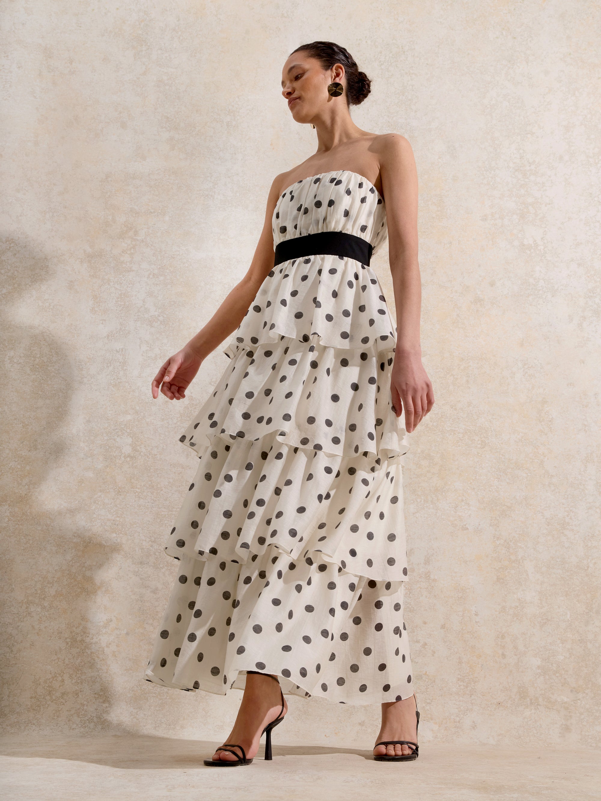 Claudia Black and White Polka Dot-Print Tiered Dress