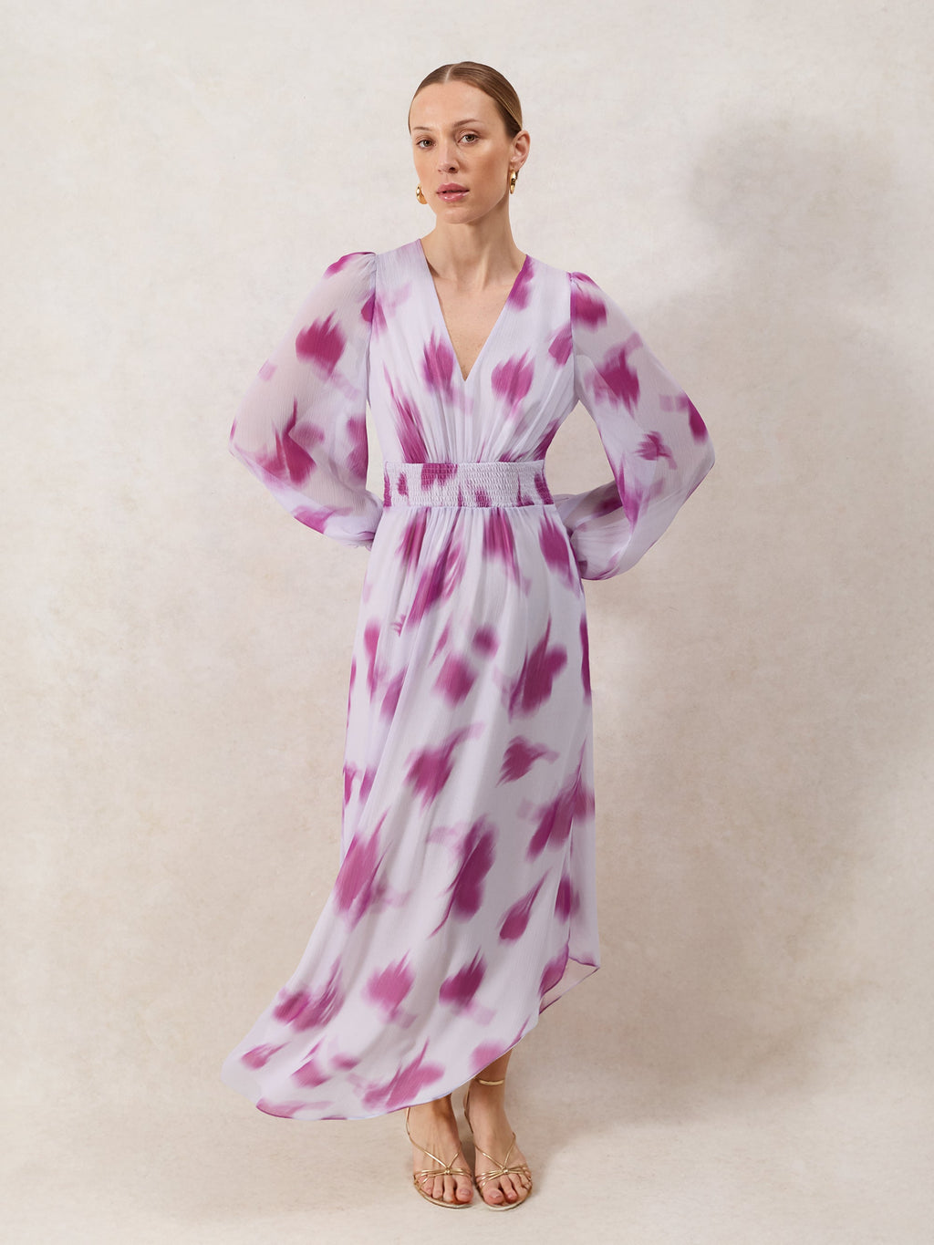 Anya Pink Blurred-Floral Smock-Waist Dress