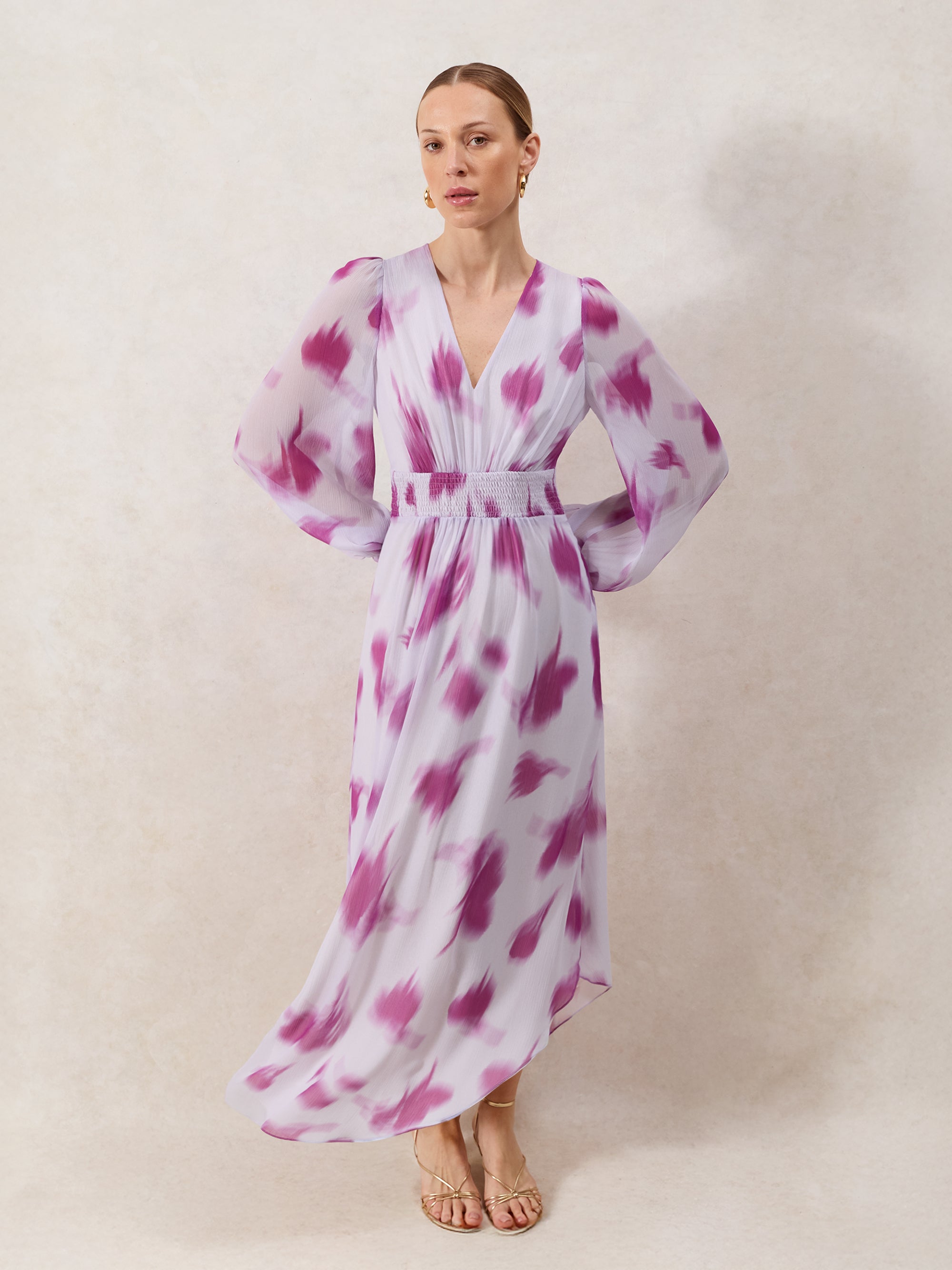 Anya Pink Blurred-Floral Smock-Waist Dress