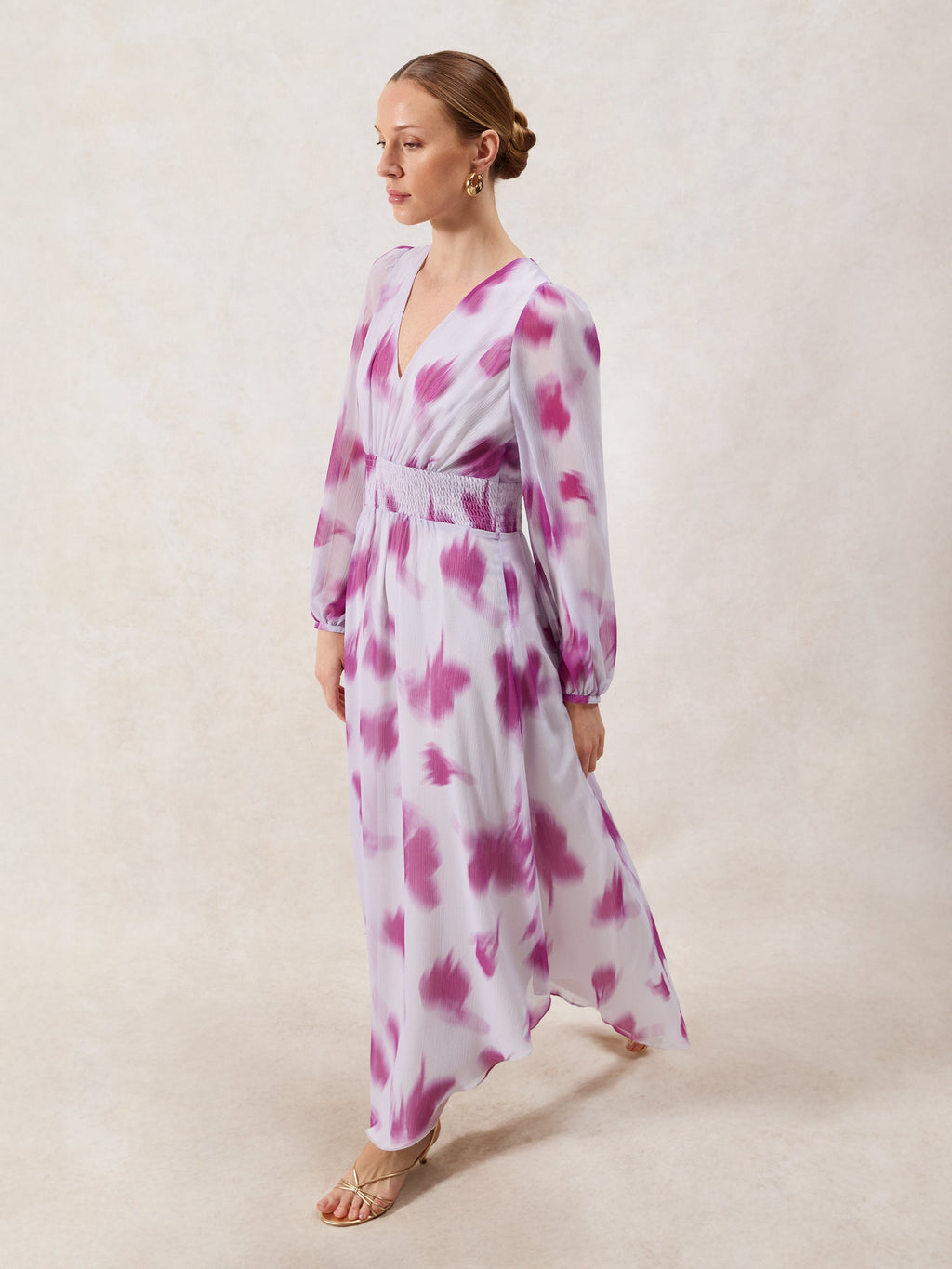 Anya Pink Blurred-Floral Smock-Waist Dress