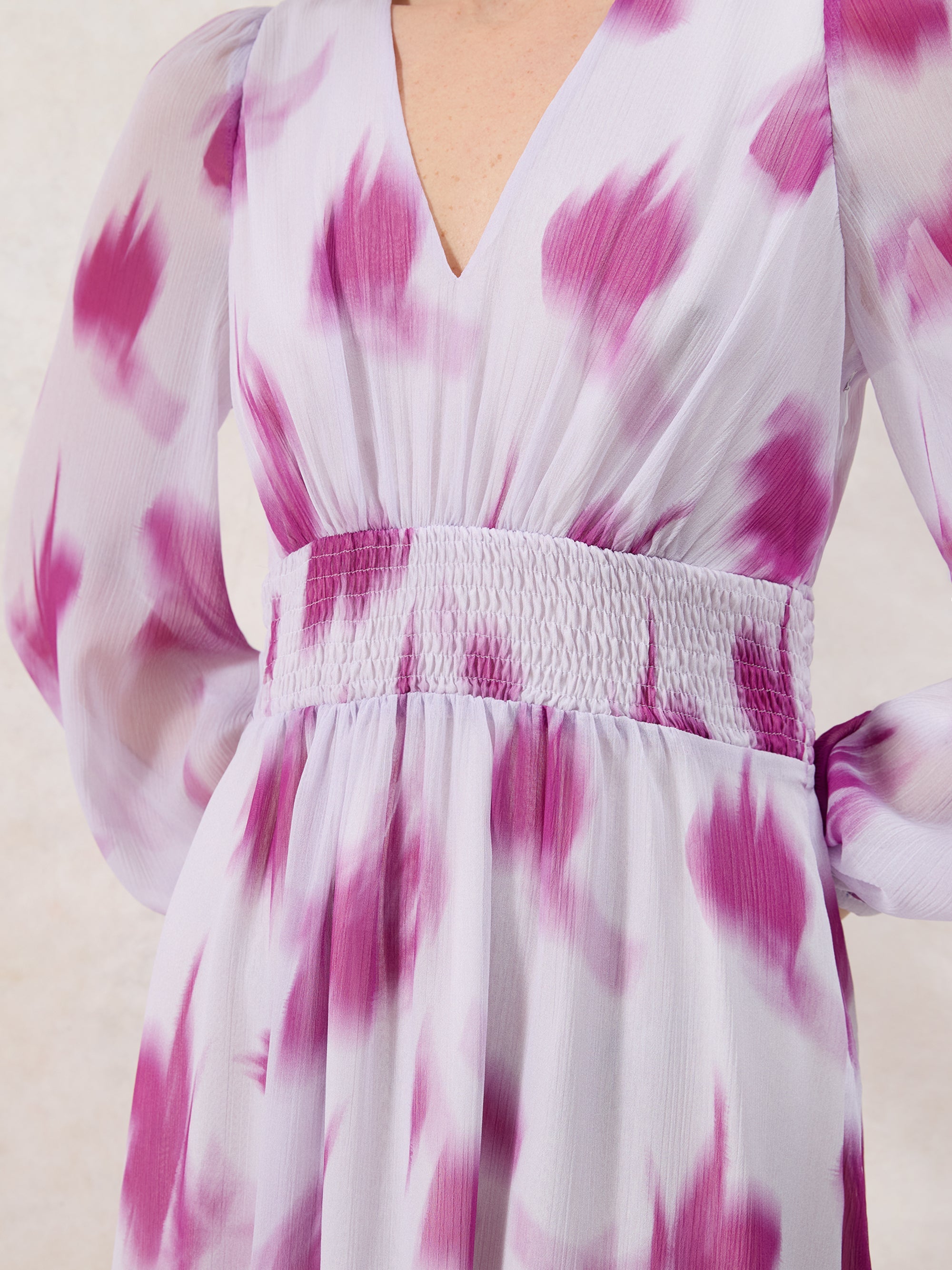 Anya Pink Blurred-Floral Smock-Waist Dress