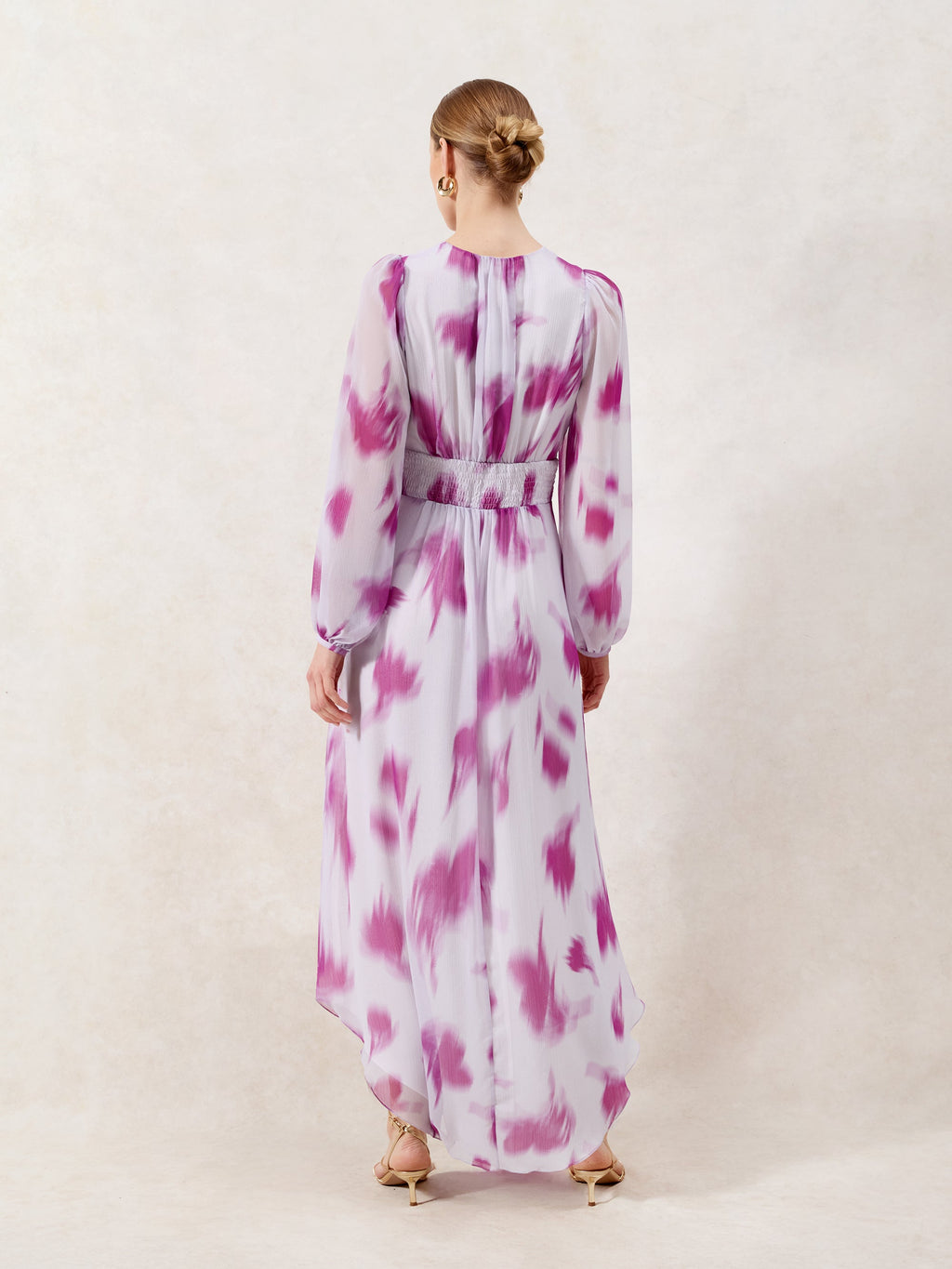 Anya Pink Blurred-Floral Smock-Waist Dress