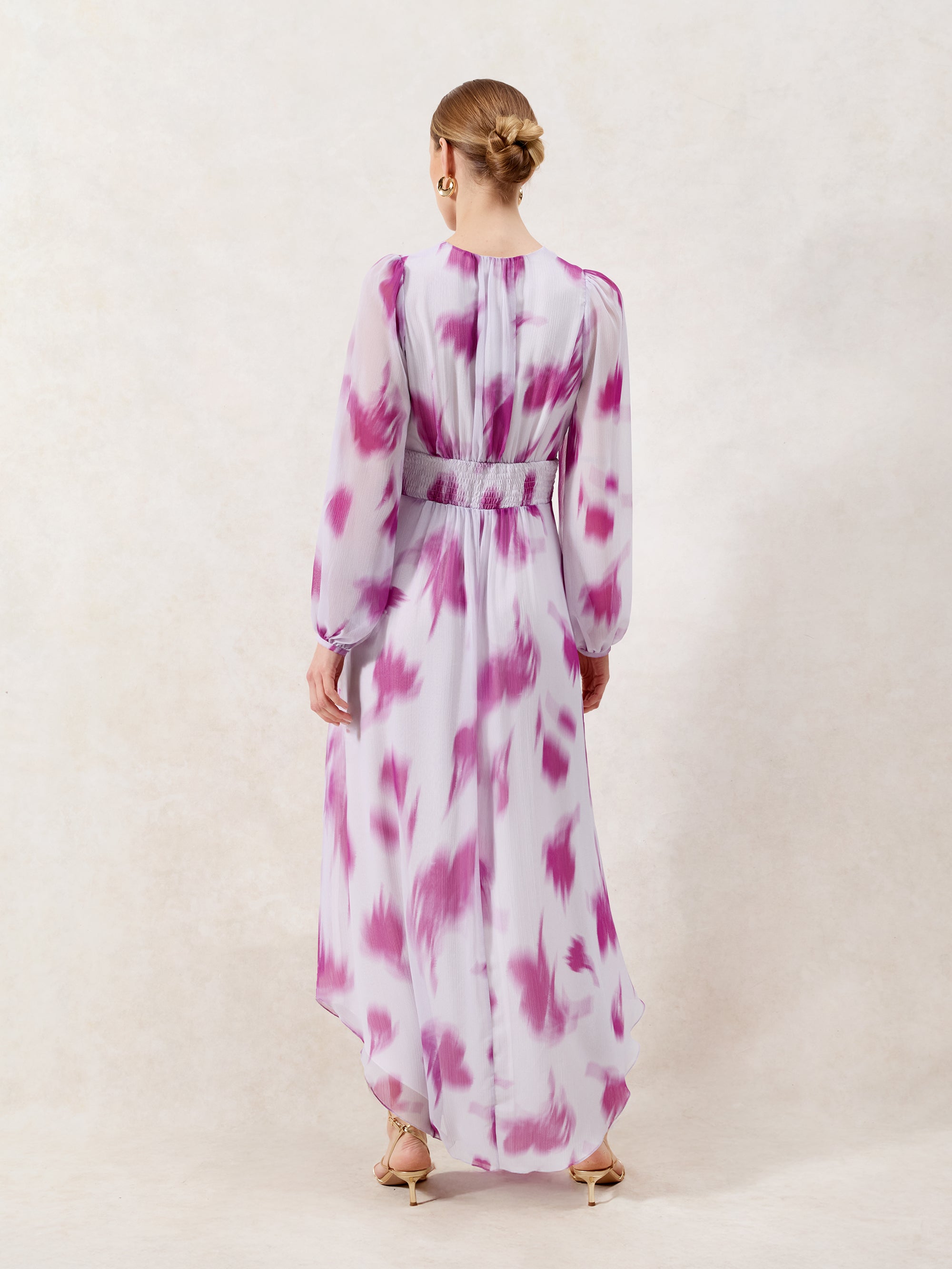 Anya Pink Blurred-Floral Smock-Waist Dress